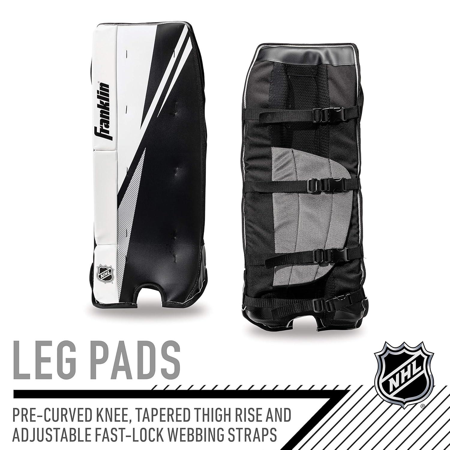 Franklin Sports Street Hockey Goalie Equipment Set - NHL Youth Street Hockey Goalie Pads - Leg Pads, Catch Glove, and Blocker - Youth Goalie Gear Black, 12"