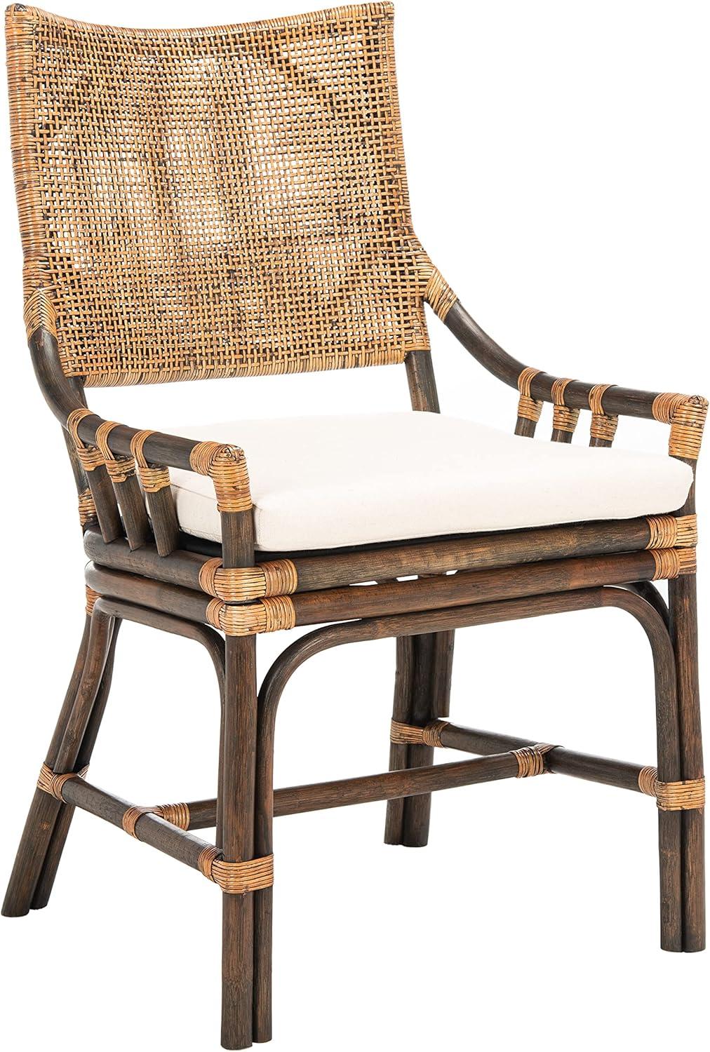 SAFAVIEH Donatella Rattan Chairs, Natural Wash/Black Legs/White Cushion (22 in. W x 24 in. D x 37 in. H)