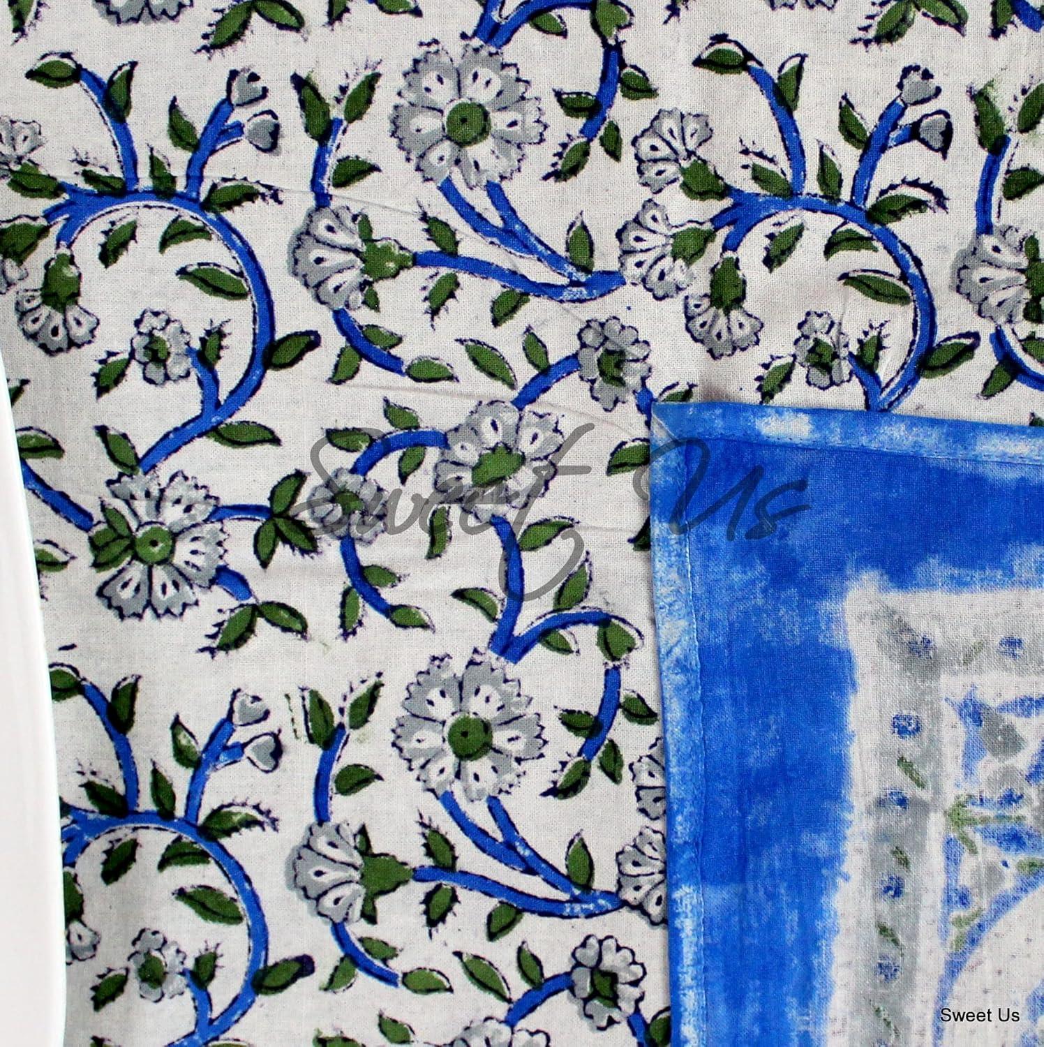 Blue Floral Hand Block Print Cotton Square Tablecloth 72 x 72 inches