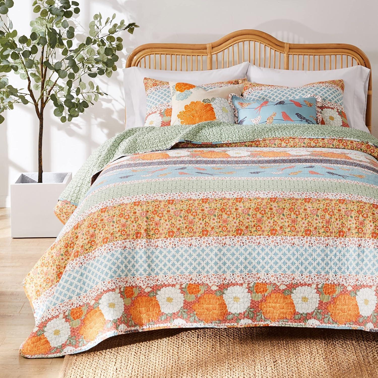 Carlie Blue and Orange Reversible Twin Quilt Set