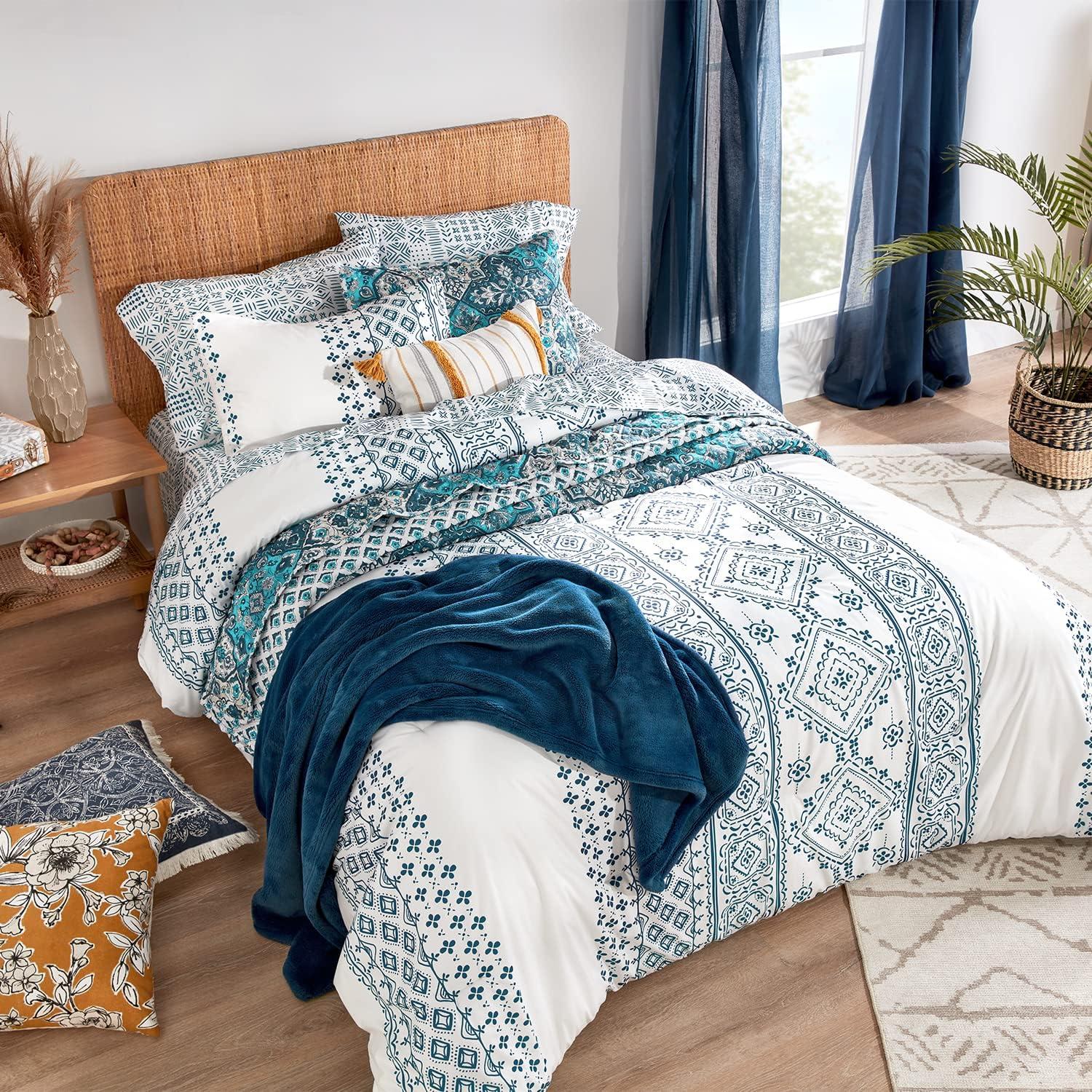 VCNY 2pc Twin Denim Geometric Striped Comforter Set: Hypoallergenic, Microfiber, Bohemian Style