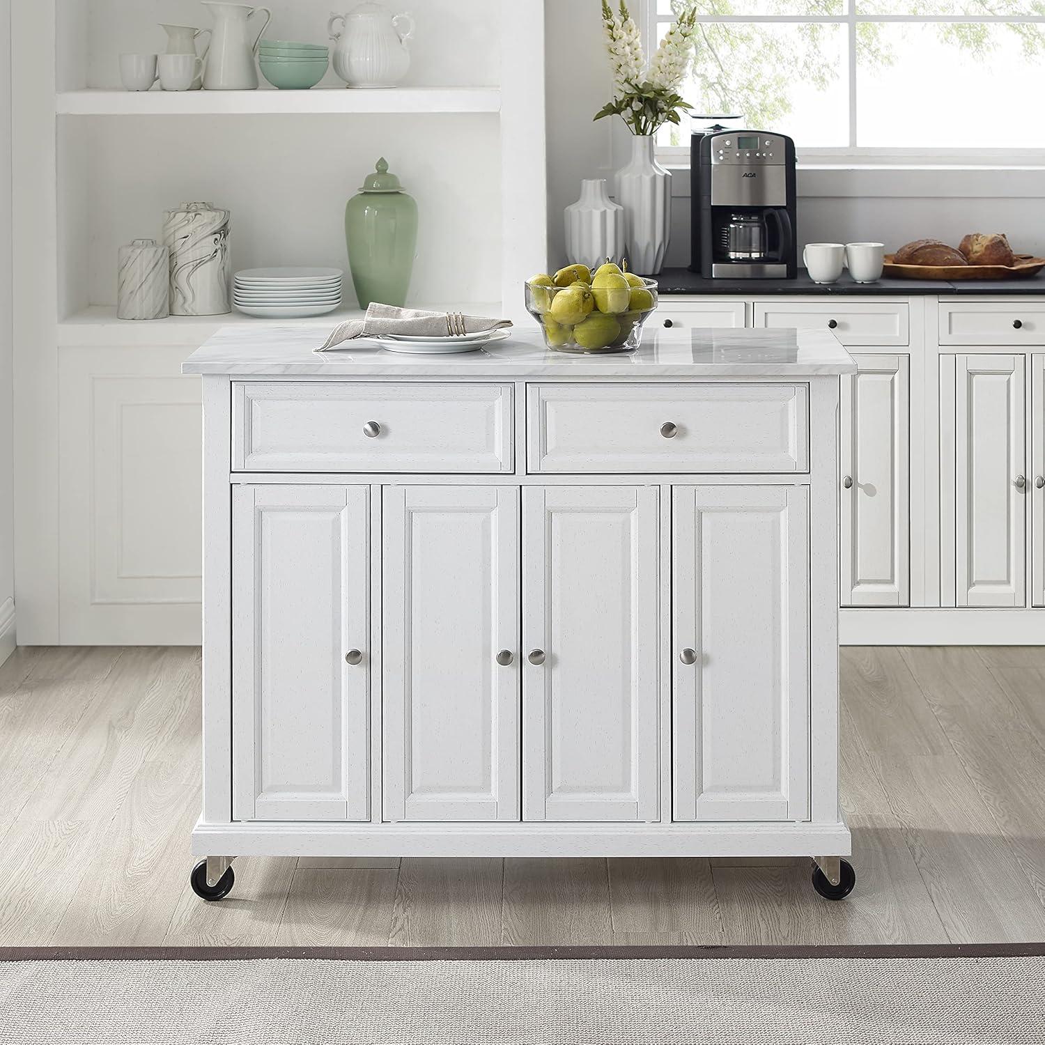 Avery Distressed White Kitchen Island Cart with Faux Marble Top