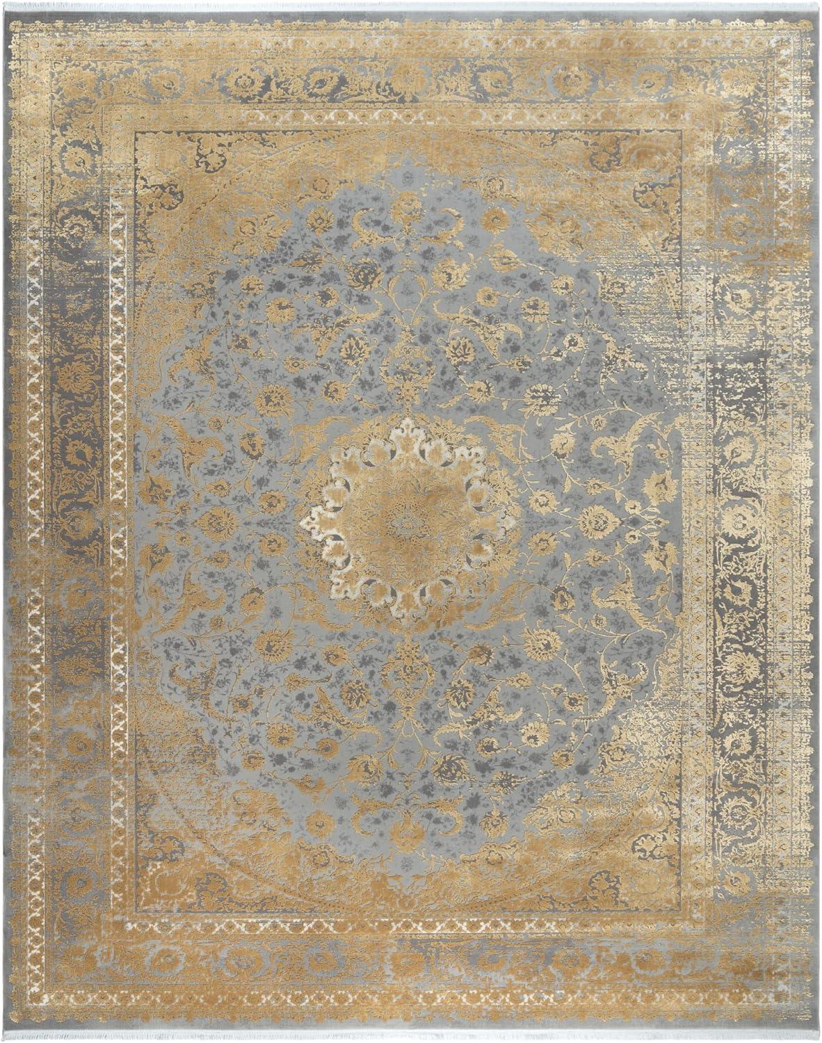 Florance Foggia Traditional Oriental Gold/Charcoal Gray High-Low Viscose/Acrylic Area Rug