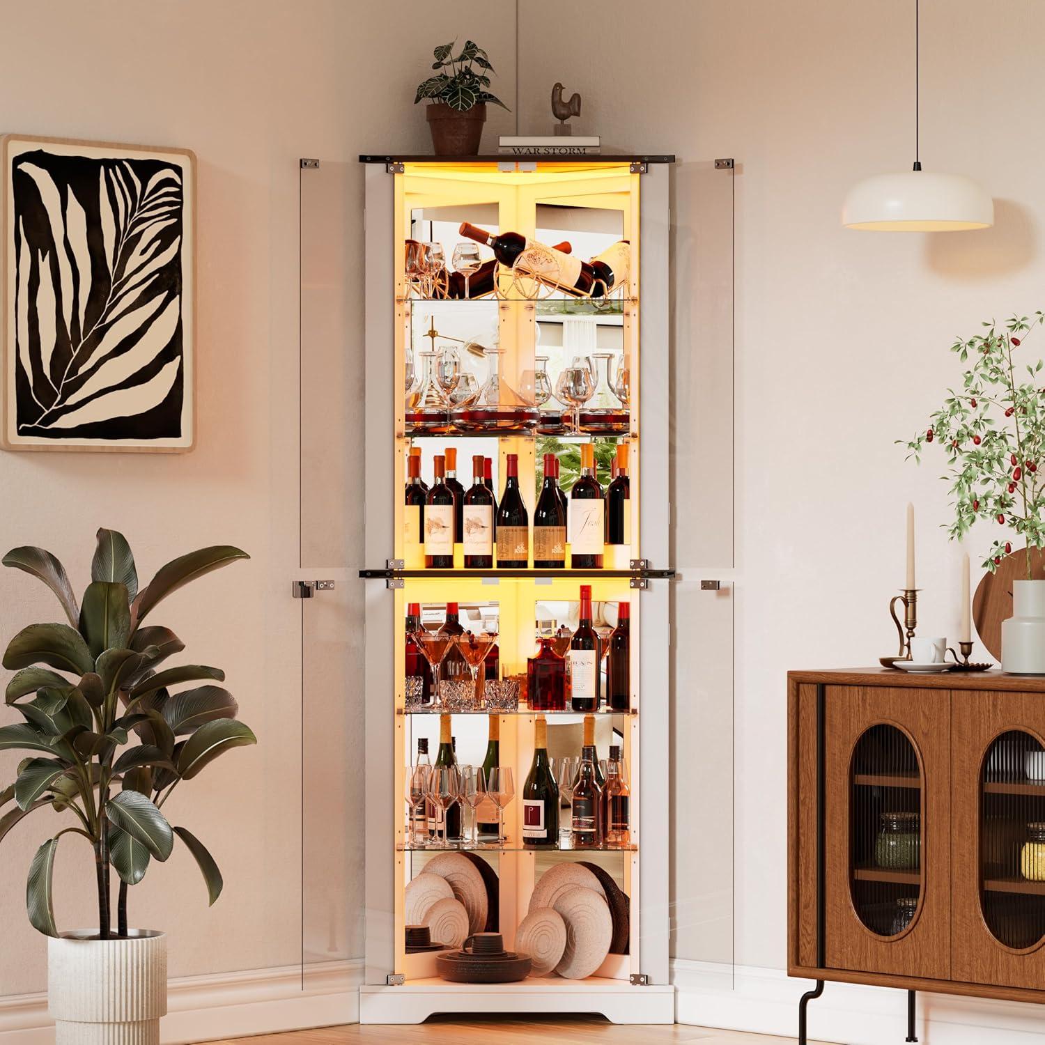 PAKASEPT 71'' Farmhouse Display Curio Cabinet with LED Lights,Tempered Glass Doors,6 Shelves,Corner Wine Cabinet Storage Rack for Bar and Liquor Storage,White (1, Triangular)