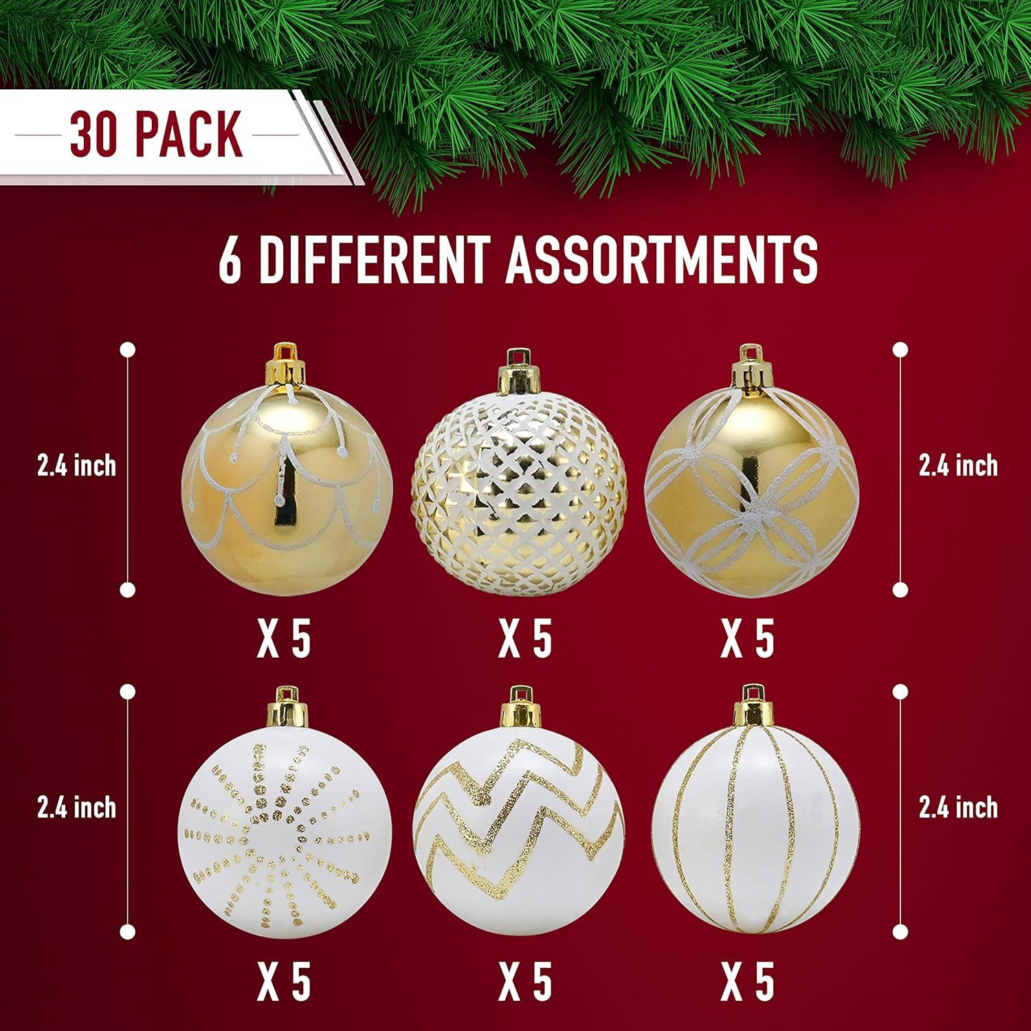 Gold and White Shatterproof Plastic Christmas Ball Ornaments Set