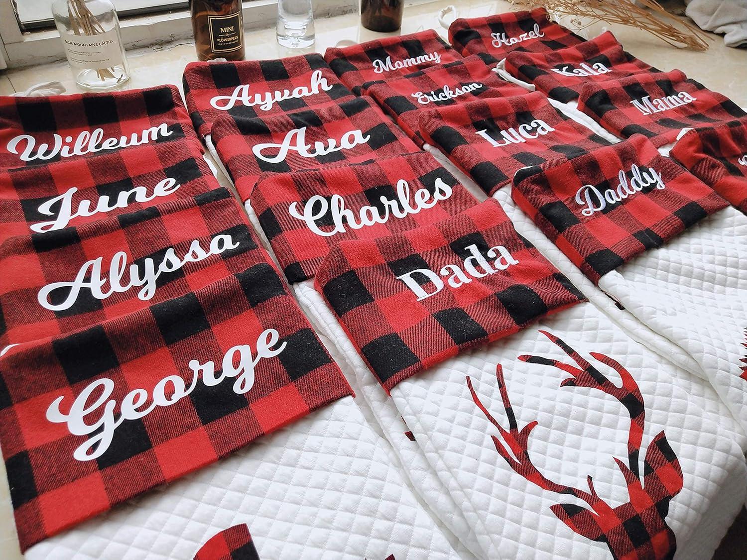 Set of 6 Red Plaid and White Quilted Christmas Stockings