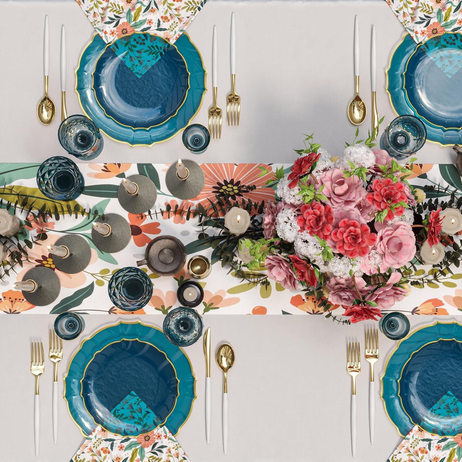 Trendables 40 Pieces Plastic Disposable Wedding Plates Set - 20 x 7.5" & 20 x 10" Thin & Delicate Peacock Tinted Petals Plates with Gold Rim-Serves 40