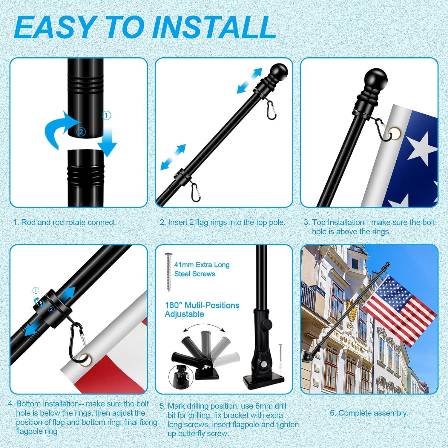 6 FT Flag Pole Kit with Mutil-Position Adjustable Bracket & Spinning Flagpole Rings, 1" Thicken Stainless Steel Metal Flag Poles for 3x5 Flag Outside House Wall Post Mount (6 FT, w/180° Black Bracket)