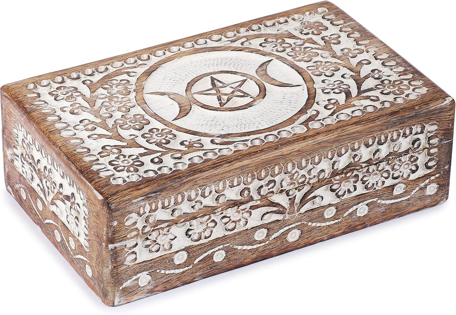 Ajuny Wooden Hand Carved Decorative Jewelry Storage Box with Moon Star Flower Carvings