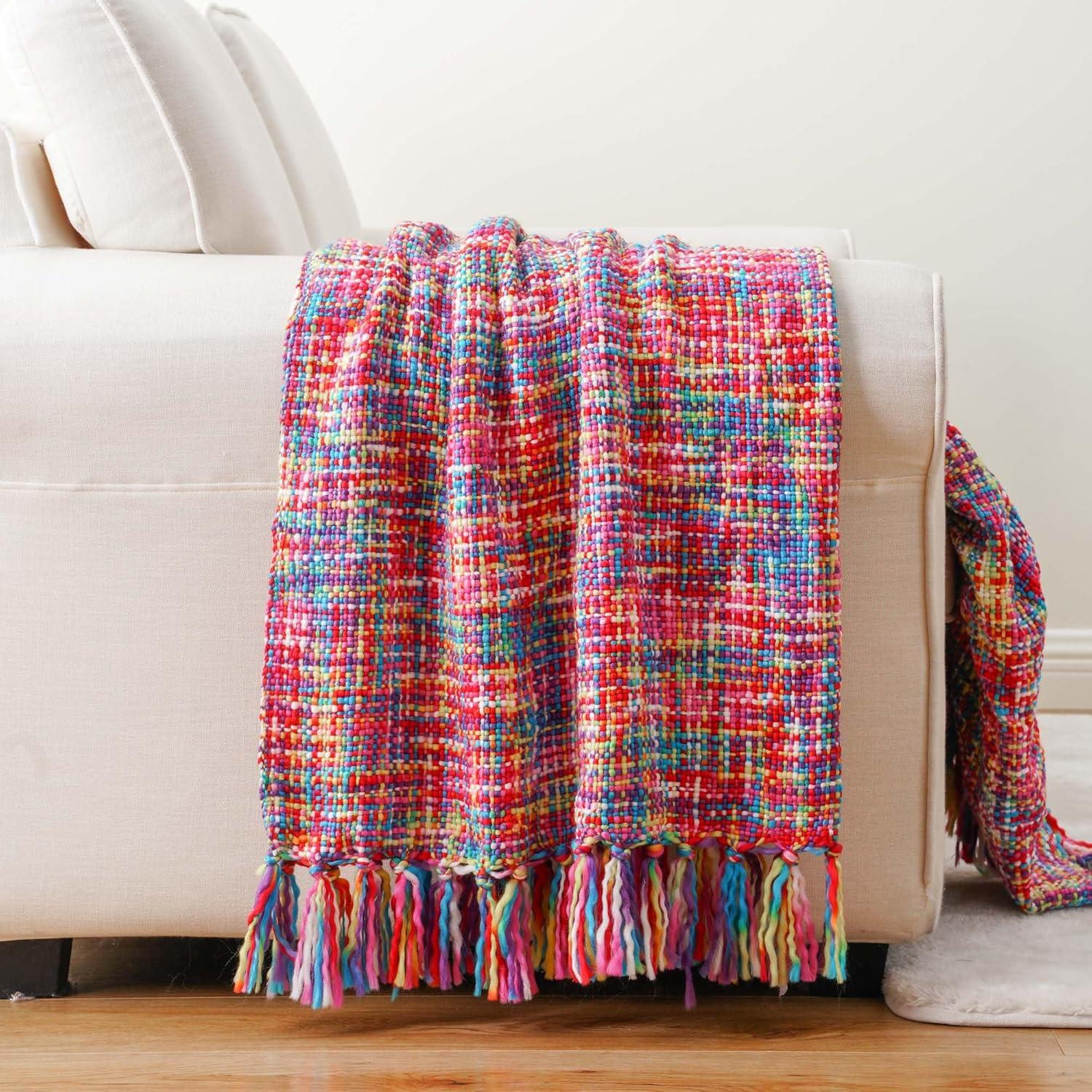 Brick Red Knitted Acrylic Throw Blanket with Fringes, 50"x60"