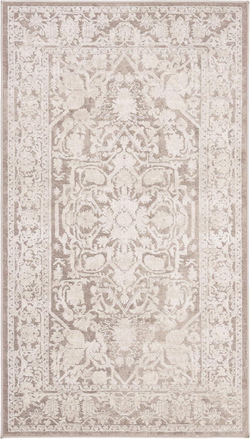 Beige and Cream Floral Synthetic Hand-Knotted Area Rug