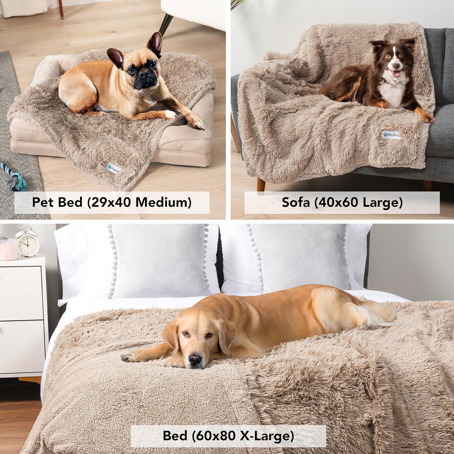 PetAmi WATERPROOF Dog Blanket For Bed XL Dog Pet Blanket Couch Cover Protector, Sherpa Fleece Fuzzy Leakproof Blanket for Sofa Furniture Queen Bed Protection Reversible Soft Fluffy, 90x90 Taupe