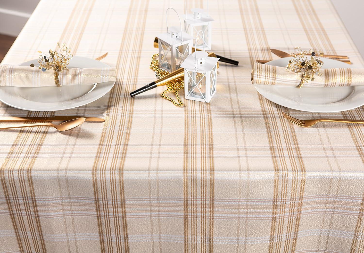 60 x 104 in. Cream Metallic Plaid Tablecloth