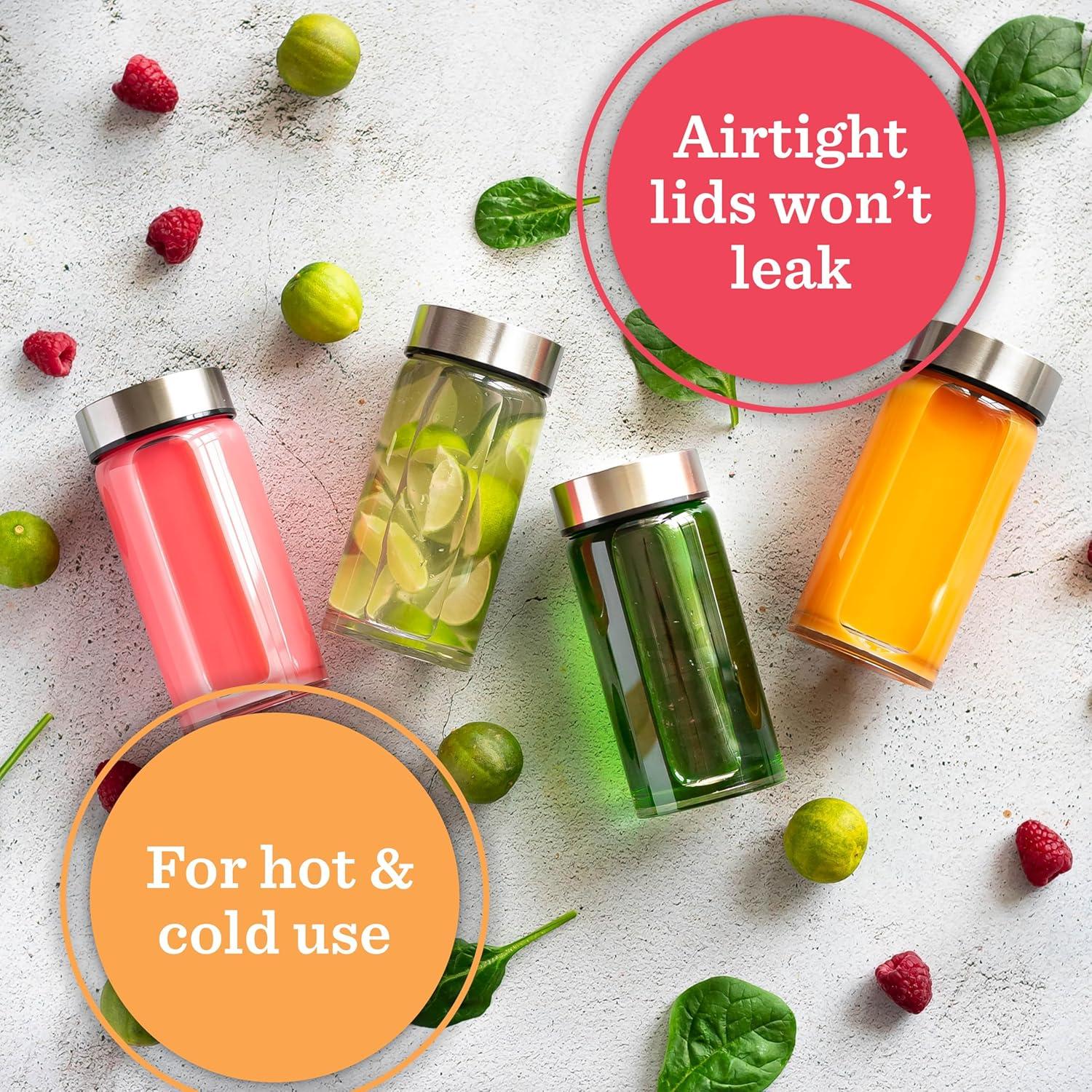 shuoli 4 Pack Wide Mouth Glass Bottles With Lids For Juicing, Smoothies, Infused Water, Beverage Storage - 10Oz, BPA Free, Stainless Steel Lids, Leakproof, Reusable, Borosilicate