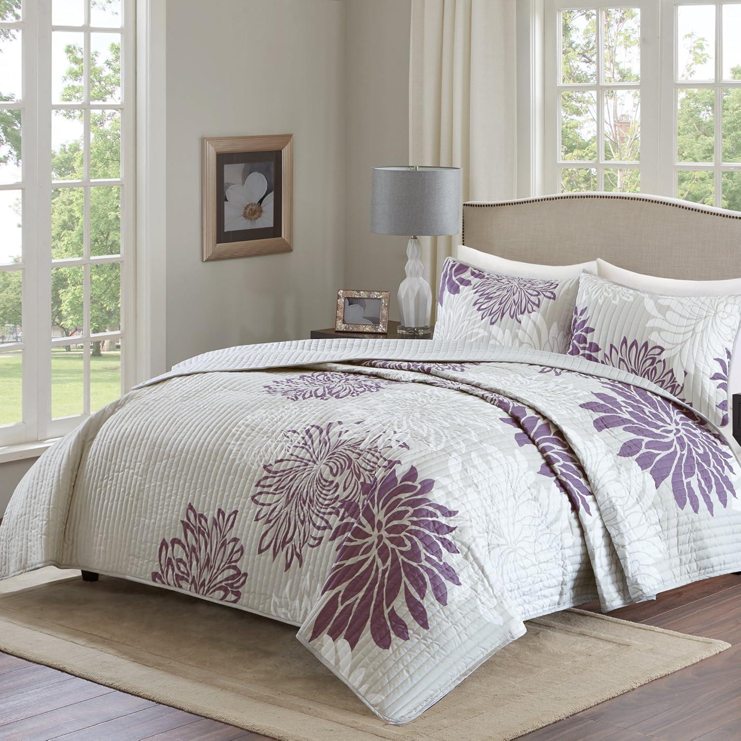 Comfort Spaces King/Cal King Size Quilt Set, 3-Piece Floral Bedspread Bedding Set, Purple and Gray Coverlet Set for All Season, Lightweight Comforter Set