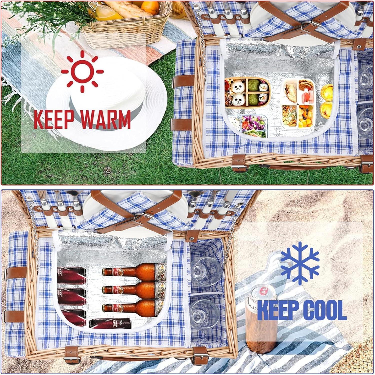 Wicker Picnic Basket Set for 2 Persons with Waterproof Picnic Blanket and Large Insulated Cooler Compartment, Willow Picnic Hamper Basket with Cutlery Service Kits for Camping, Wedding (Red)