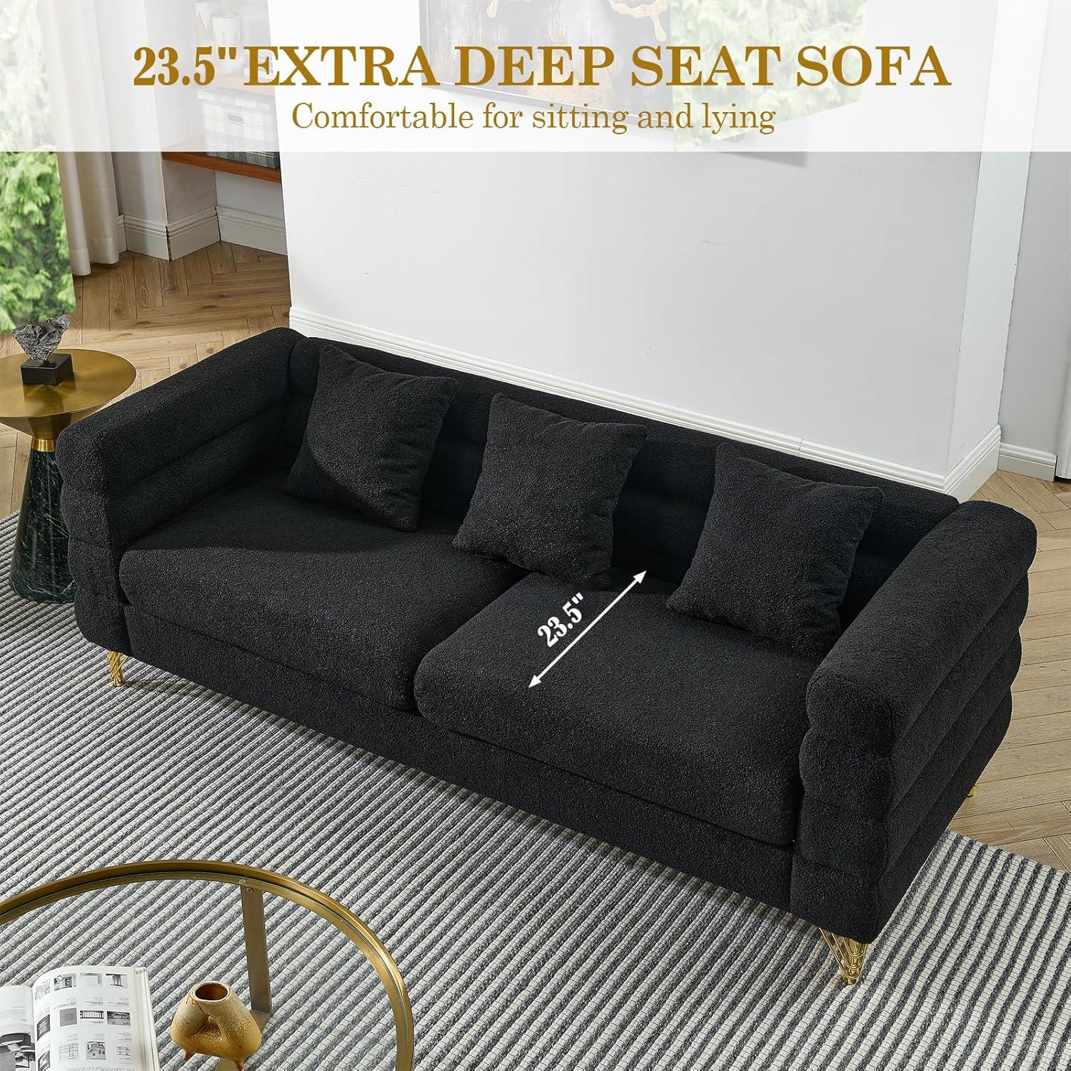 81'' Modular Oversized 3 Seater Velvet Sofa, Deep Seating with 3 Pillows for Living Room, Bedroom, Black - Maison Boucle