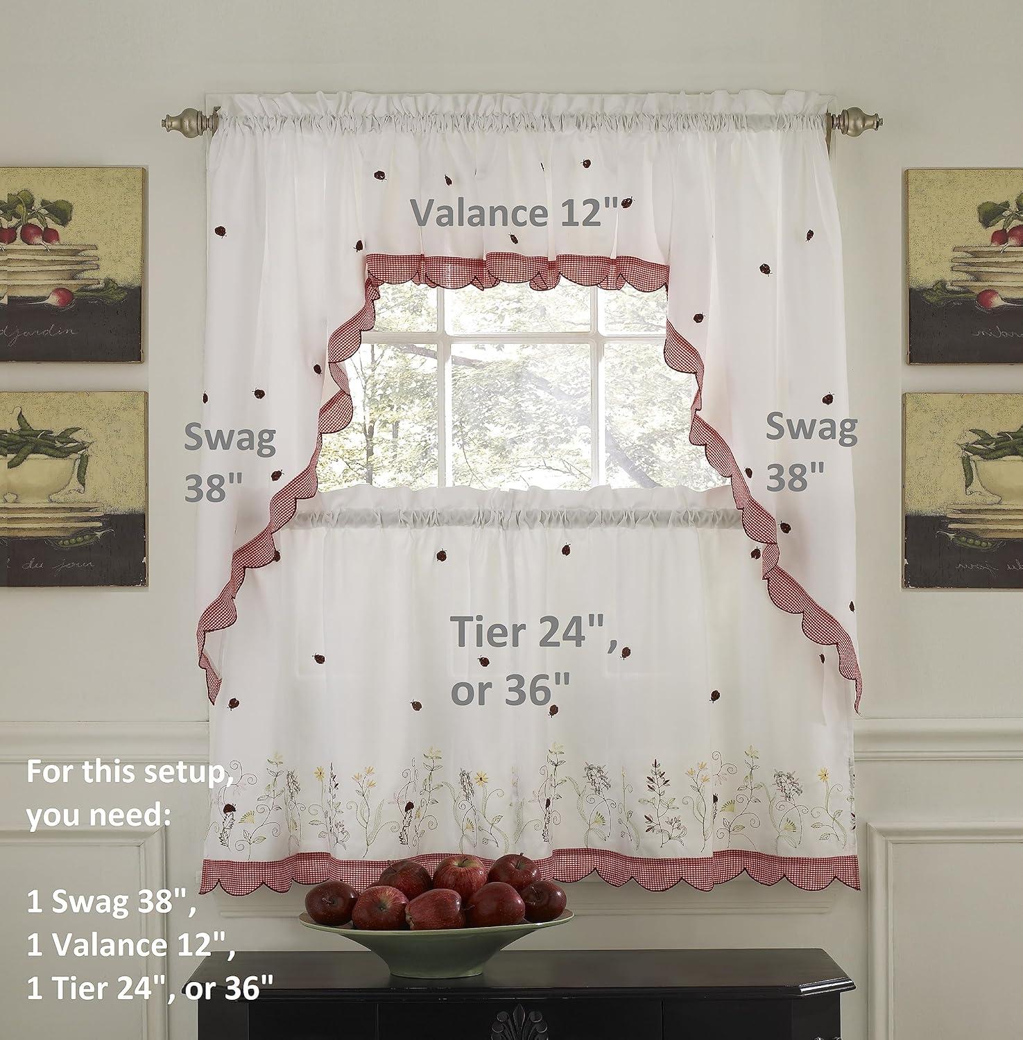 White and Red Floral Ladybug Rod Pocket Valance