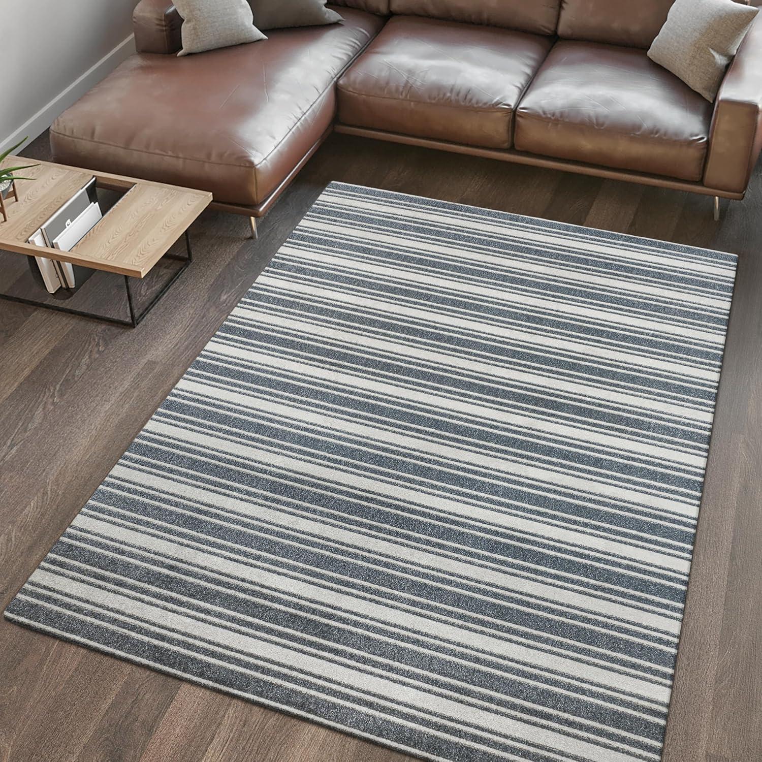 Cream and Dark Gray Striped Washable Synthetic Area Rug