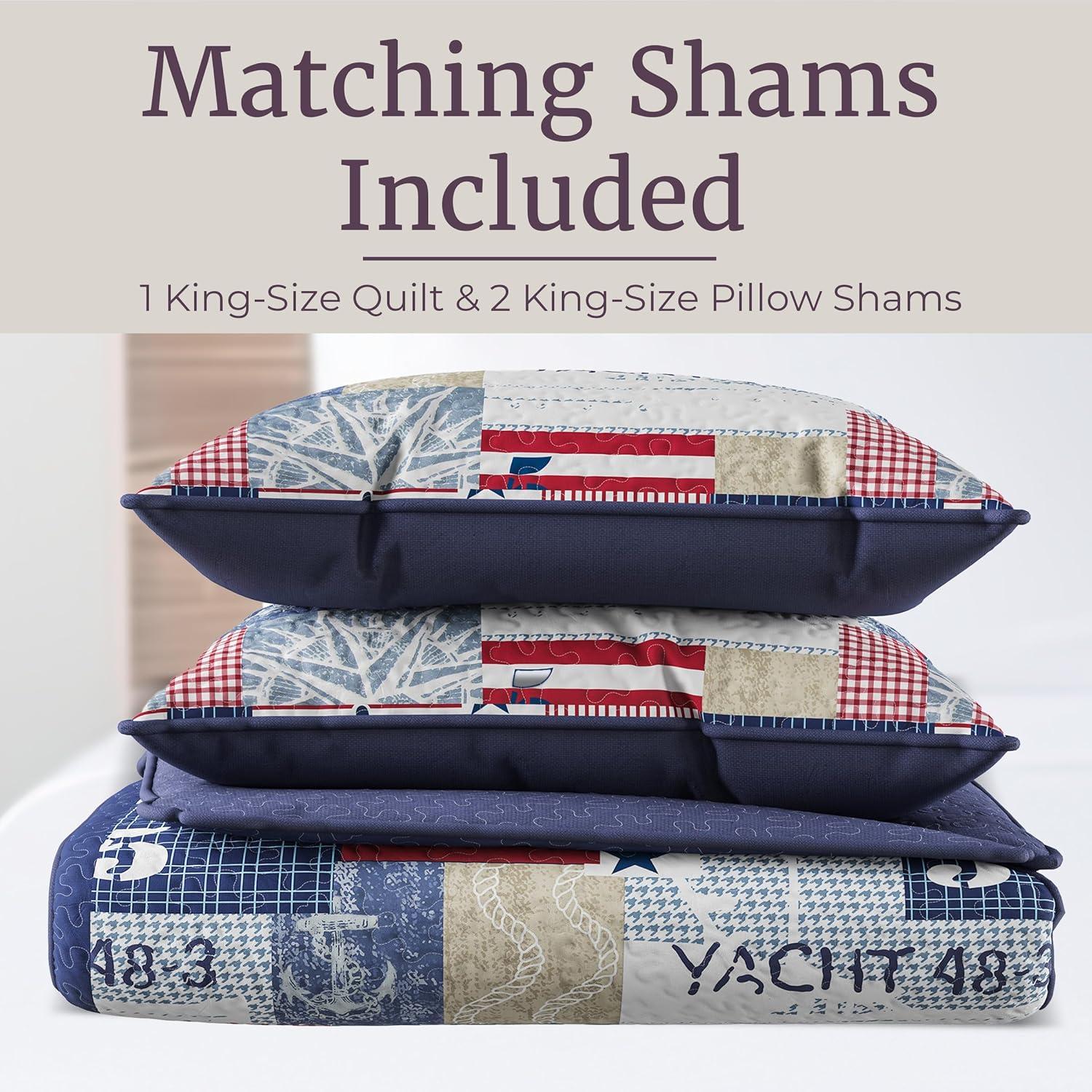 Lavish Home Quilt Set - Nautical Americana Patchwork Print All-Season Soft Microfiber Bedding with Pillow Sham
