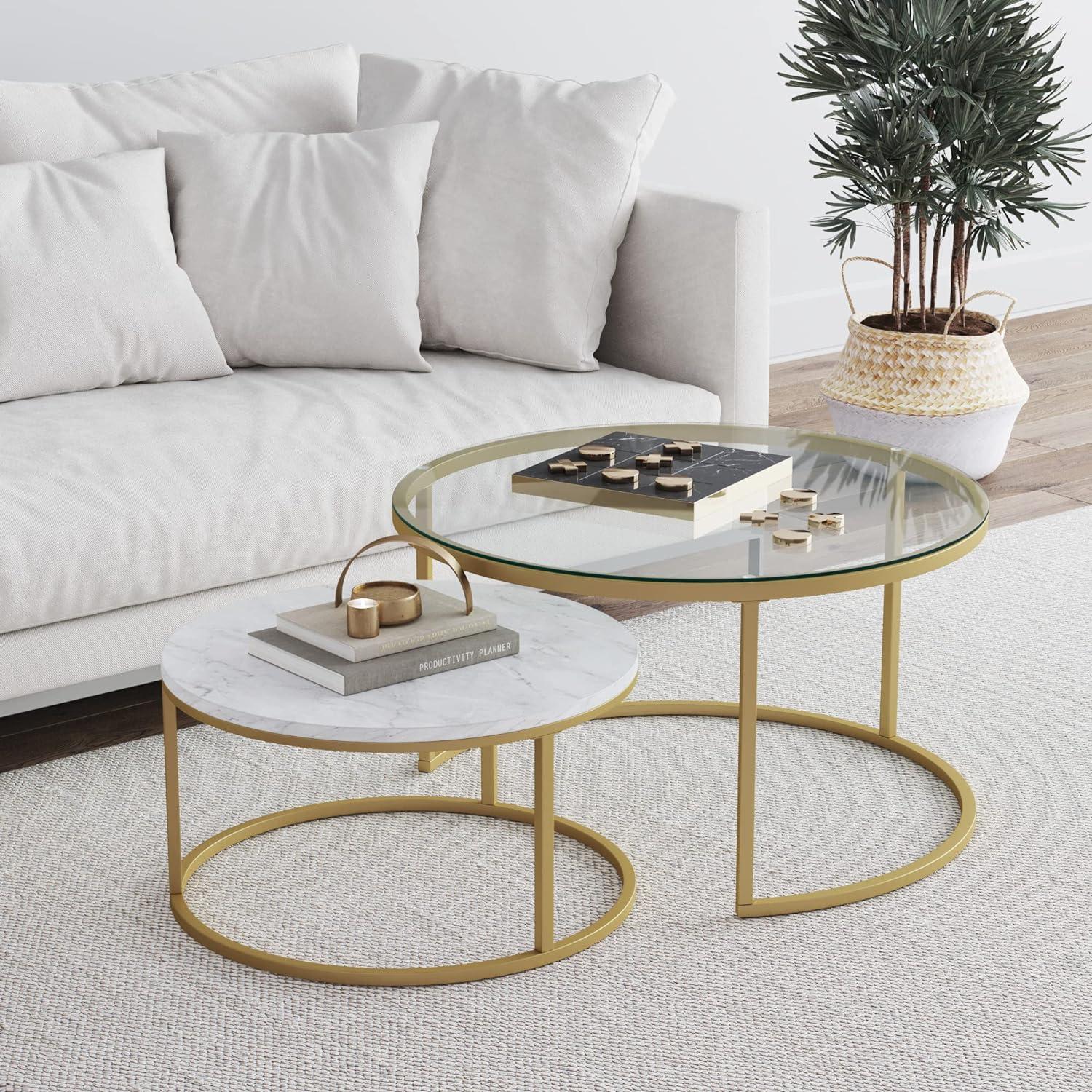 Nathan James Stella Round Nesting Coffee Table Set of 2 Glass, Marble Finish and Metal Frame, Marble/Glass/Gold