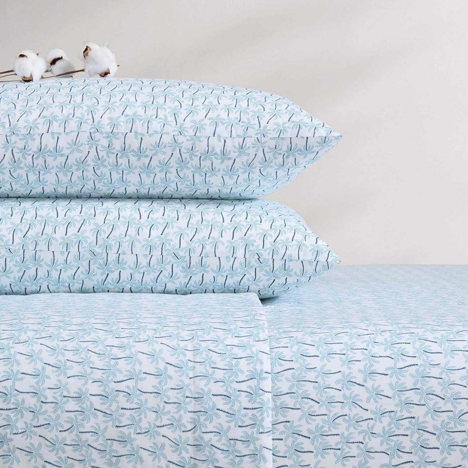 Palmtastic Blue Cotton Queen Sheet Set with Palm Print