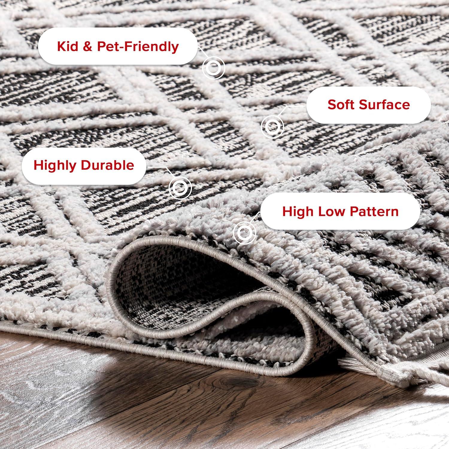 Nuloom 8x11 Ansley Moroccan Tassel Indoor Area Rug, Grey, High-Low Textured Bohemian Design, Plush High Pile, Stain Resistant, Bedroom, Living Room