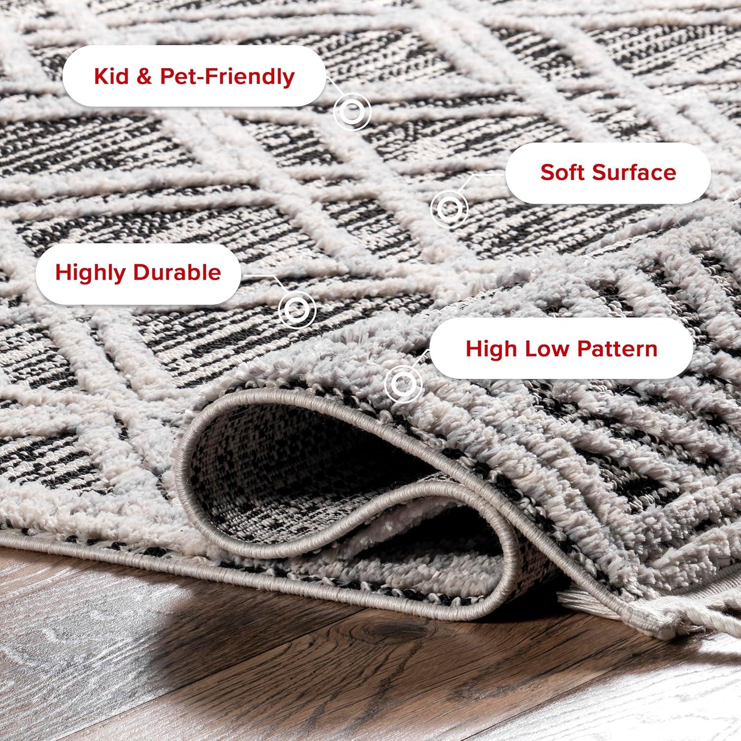 Nuloom 8x11 Ansley Moroccan Tassel Indoor Area Rug, Grey, High-Low Textured Bohemian Design, Plush High Pile, Stain Resistant, Bedroom, Living Room