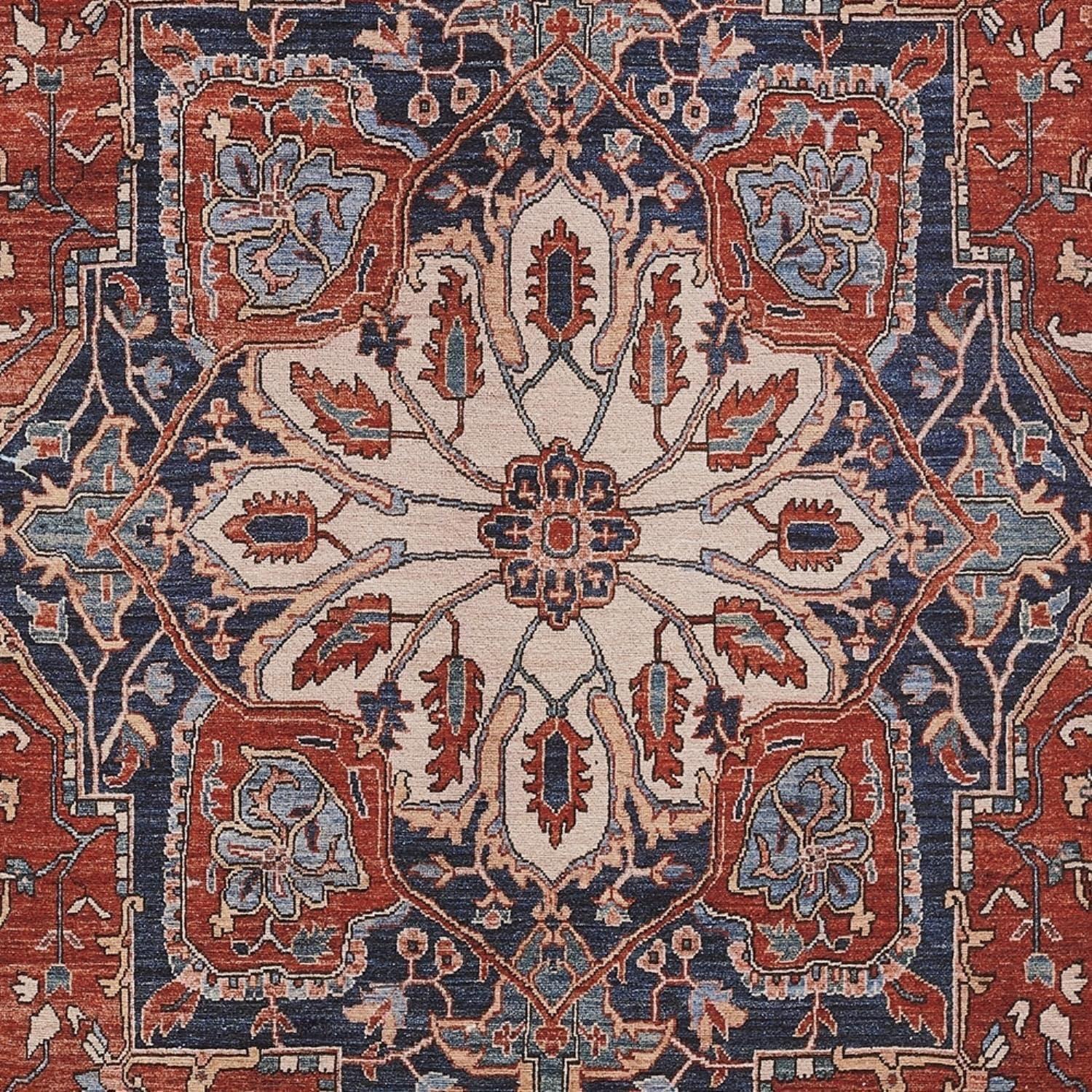 Elegant Red and Navy Ornate Synthetic Area Rug 7'6" x 9'6"