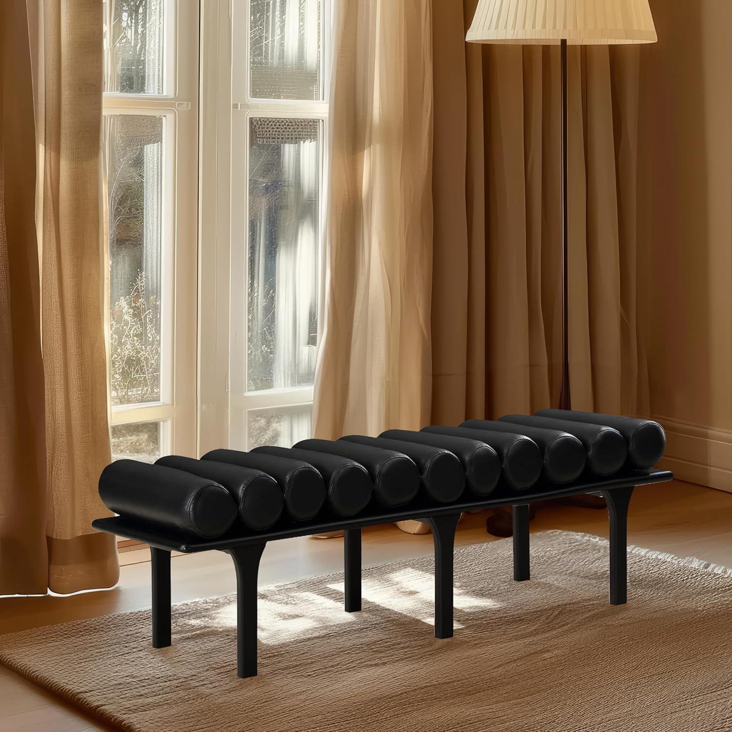 Landon Black Vegan Leather and Oak Art Deco Bench