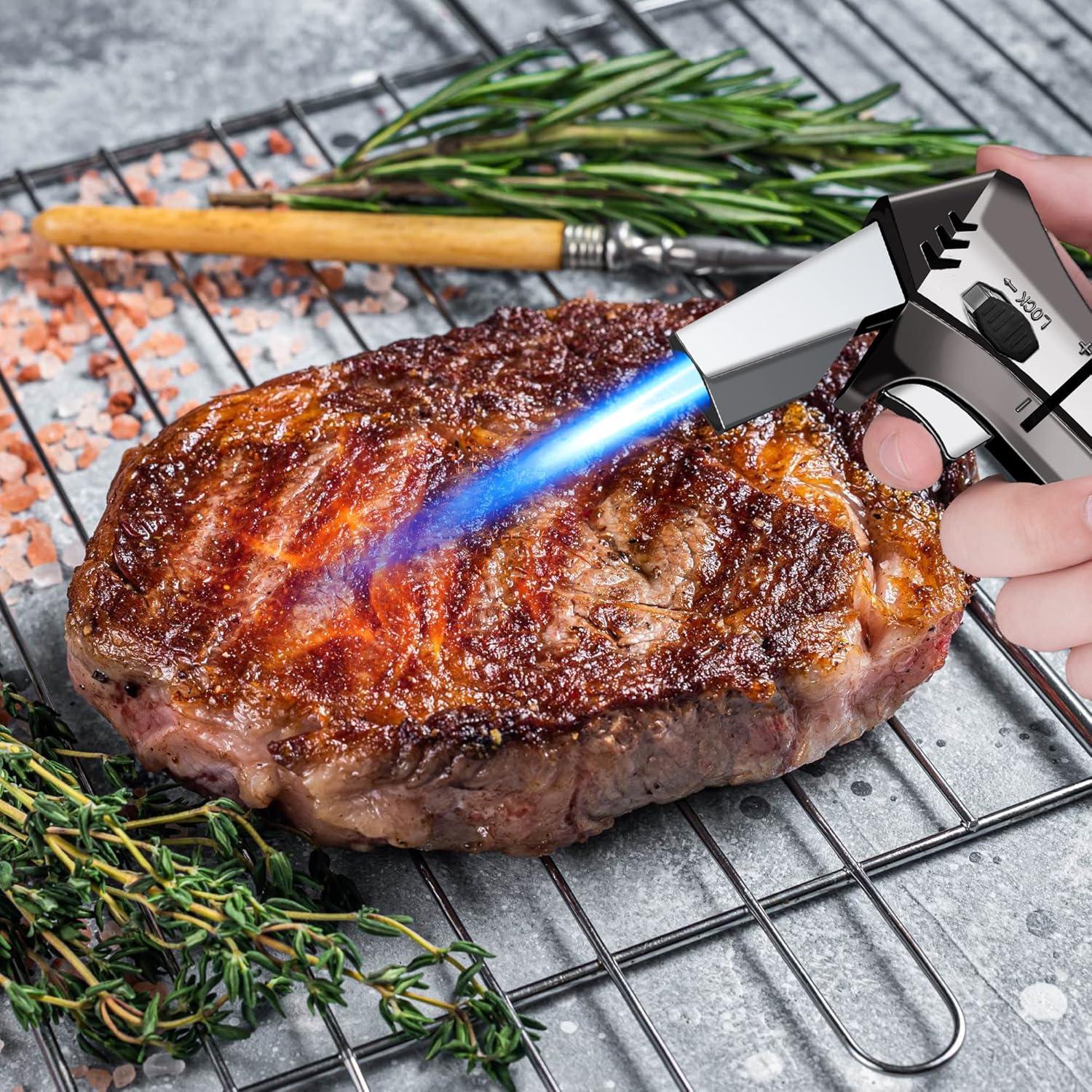 Butane Torch - Refillable Torch Lighter, Kitchen Torch for Baking, Cooking Food, Creme Brulee, BBQ, Blow Torch with Safety Lock and Adjustable Flame, 2 Cans Butane Included.