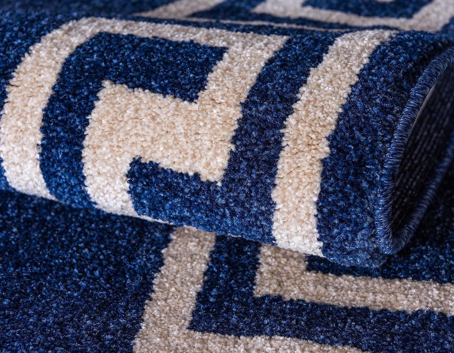 Navy Blue Geometric Border Rectangular Synthetic Rug