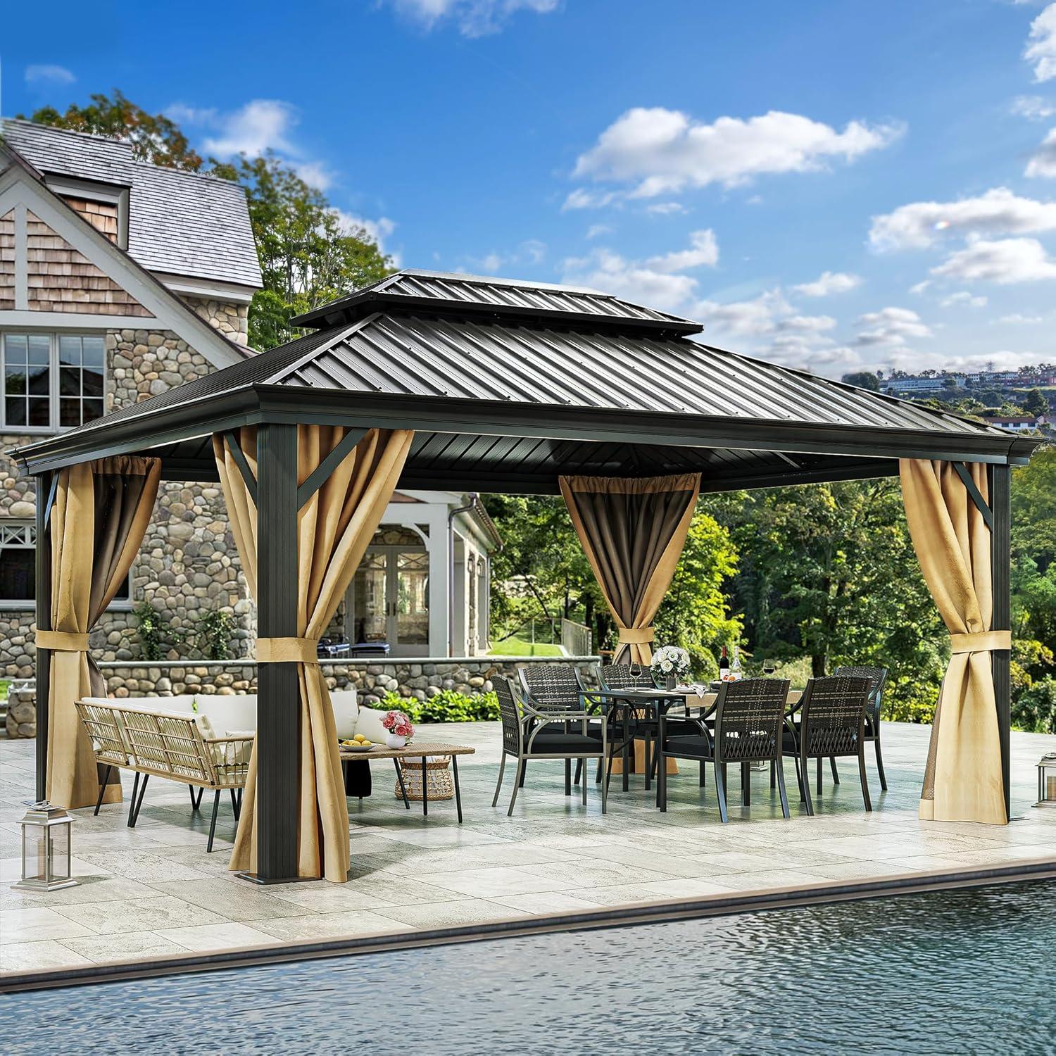Kozyard Kozyard Alexander Gray Double Roof Hardtop Gazebo with Privacy Curtain Mosquito Netting