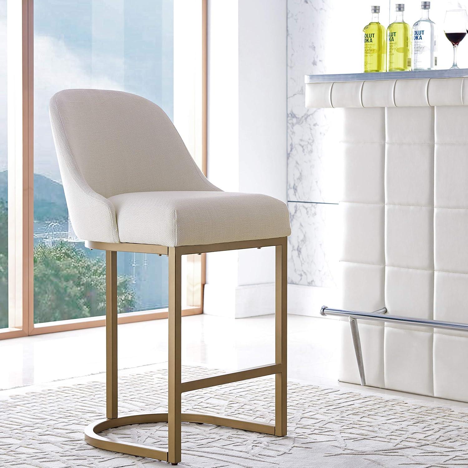 Leick Home 10132GD/WT Barrel back Counter Stool Set of 2 in White Linen Seat and Gold Metal Base