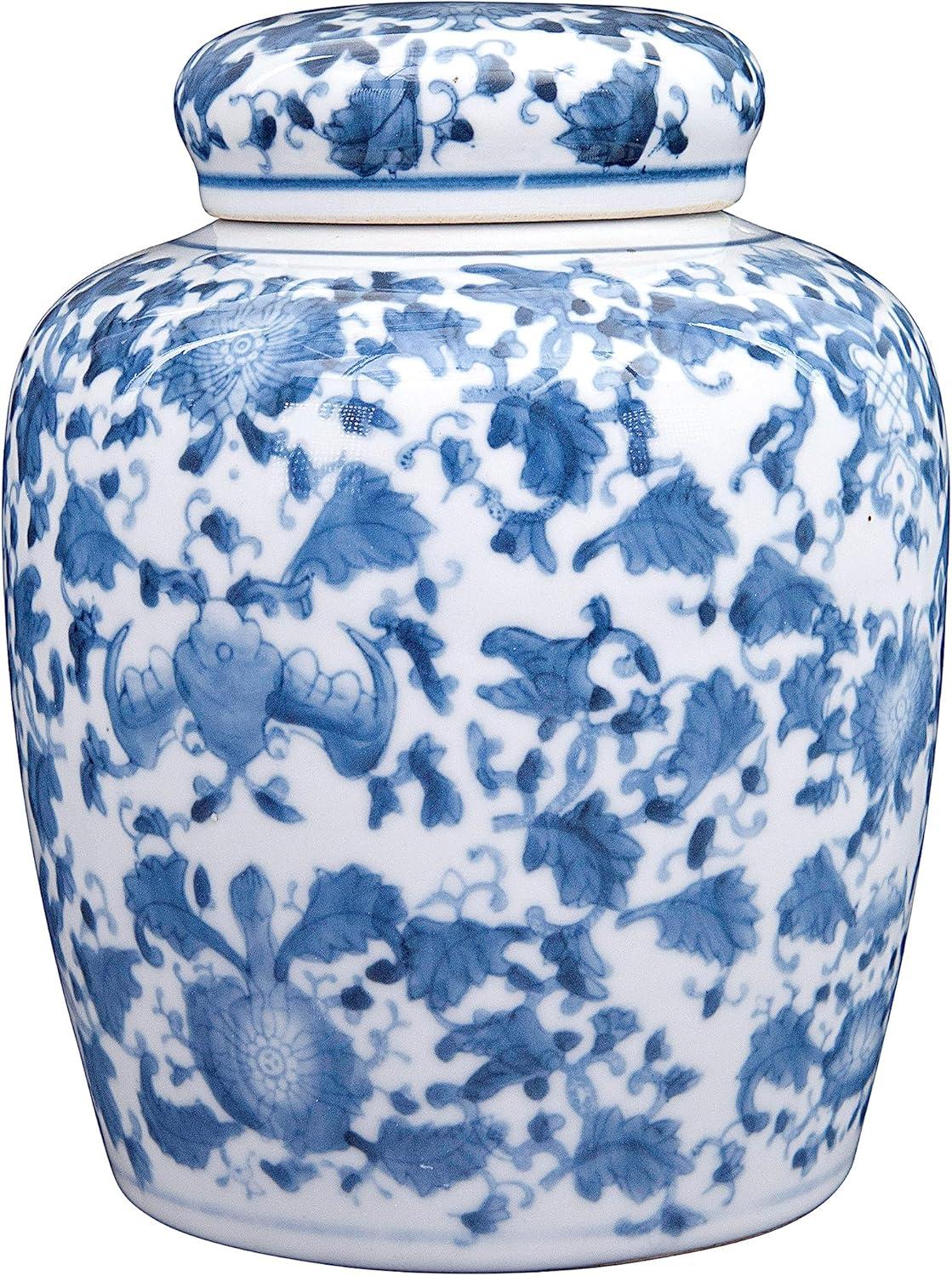 Blue and White Floral Ceramic Ginger Jar with Lid