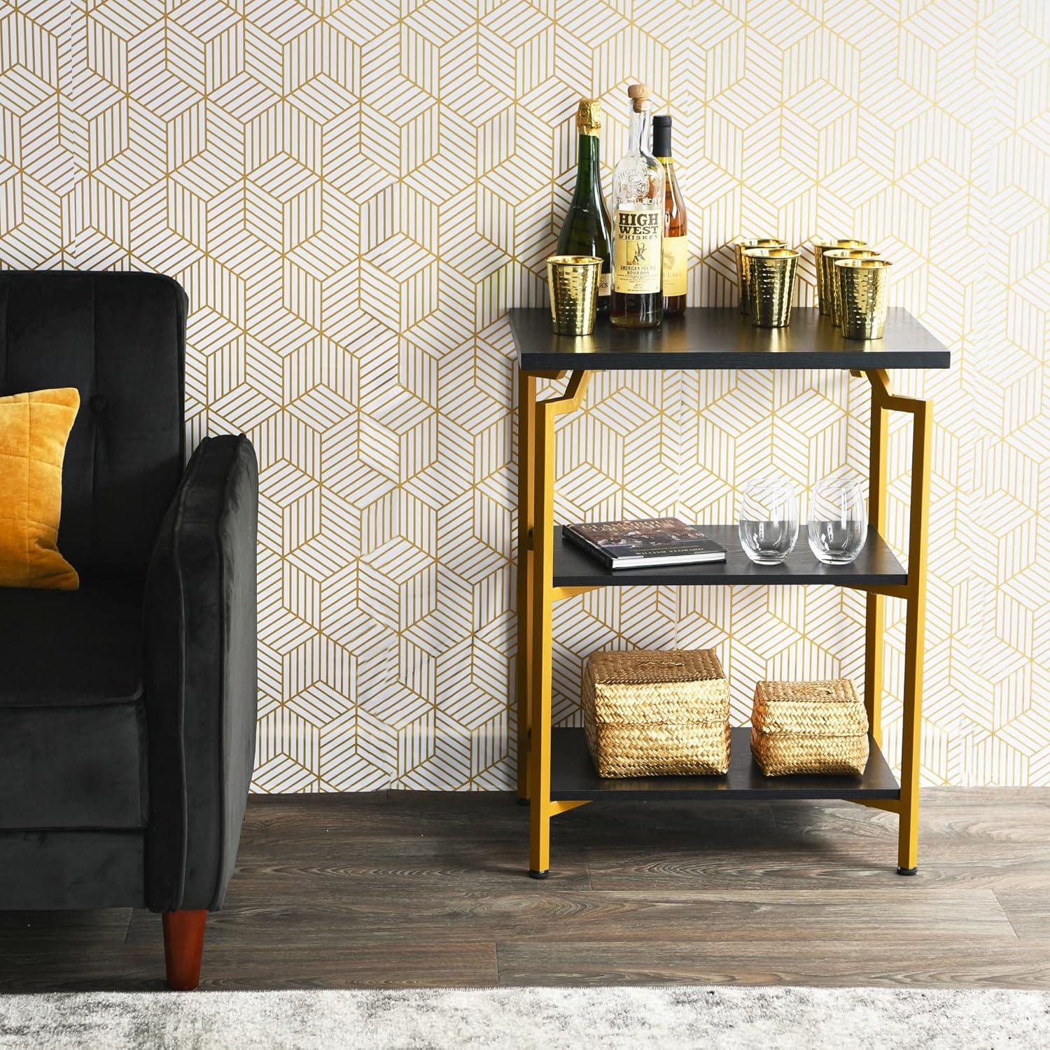 Household Essentials Crown TV Stand with Storage Compartment Black Oak Wood Grain and Gold Metal