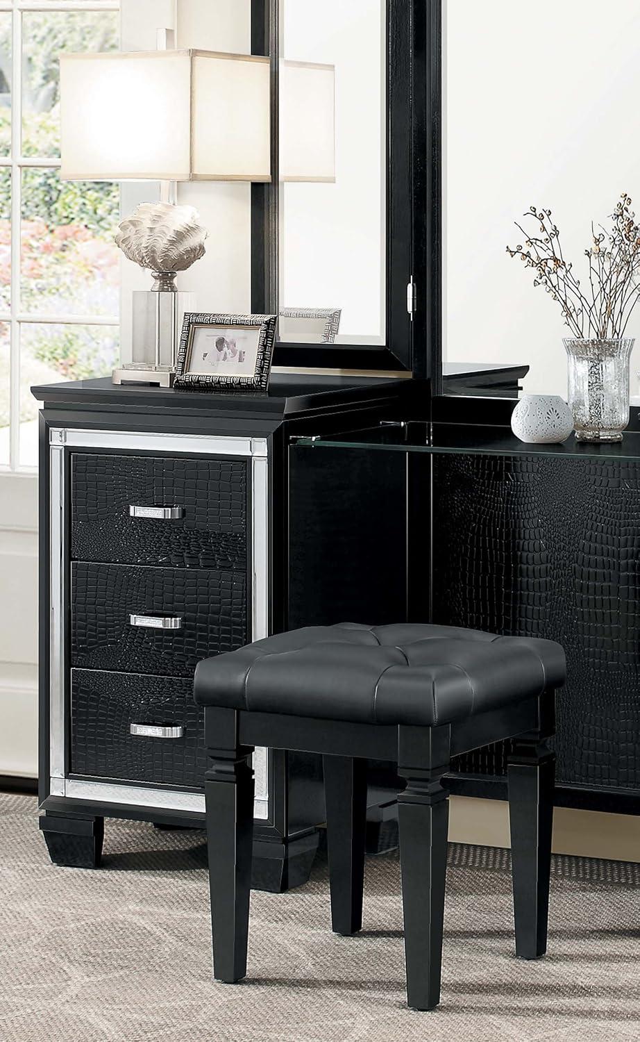 Allura Black Crystal Button Tufted Vanity Stool