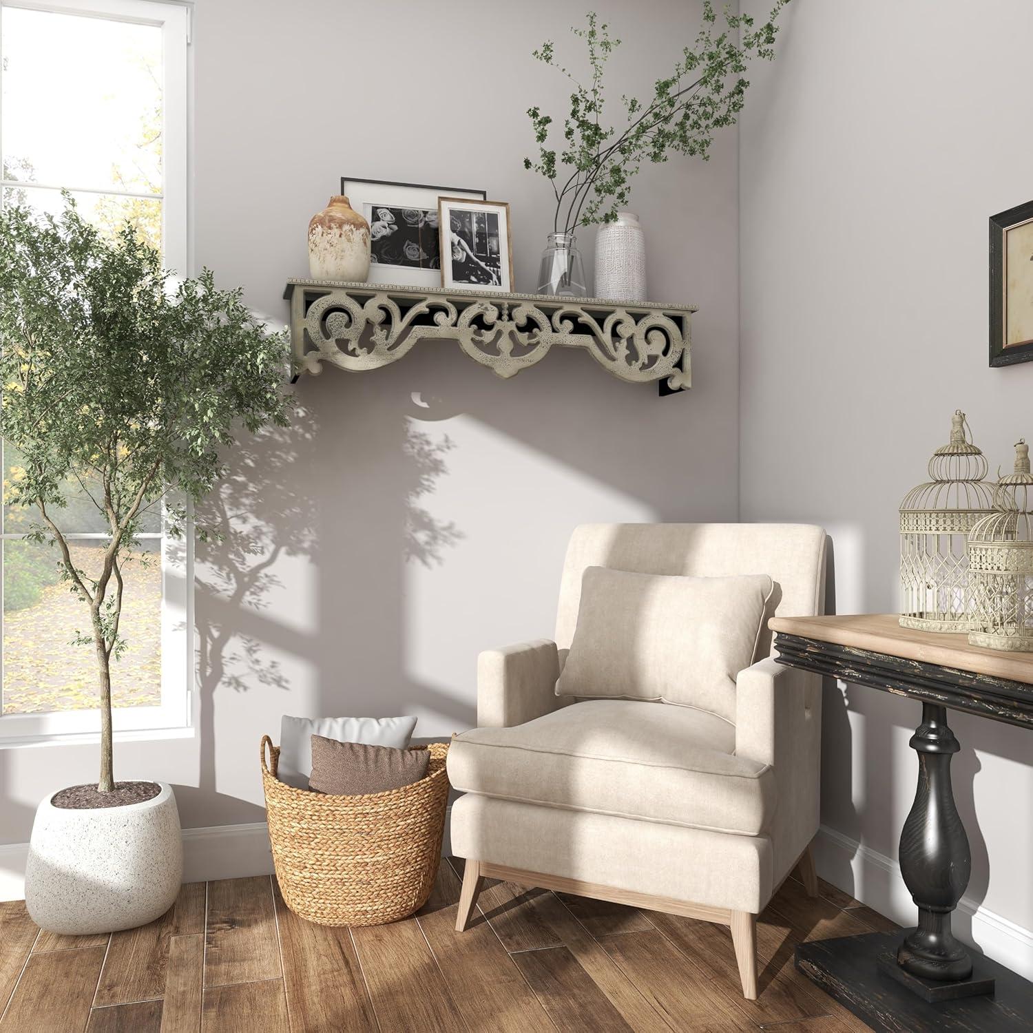 DecMode 48" x 8" 1-Tier Beige Scroll Wall Shelf with Gray Distressing