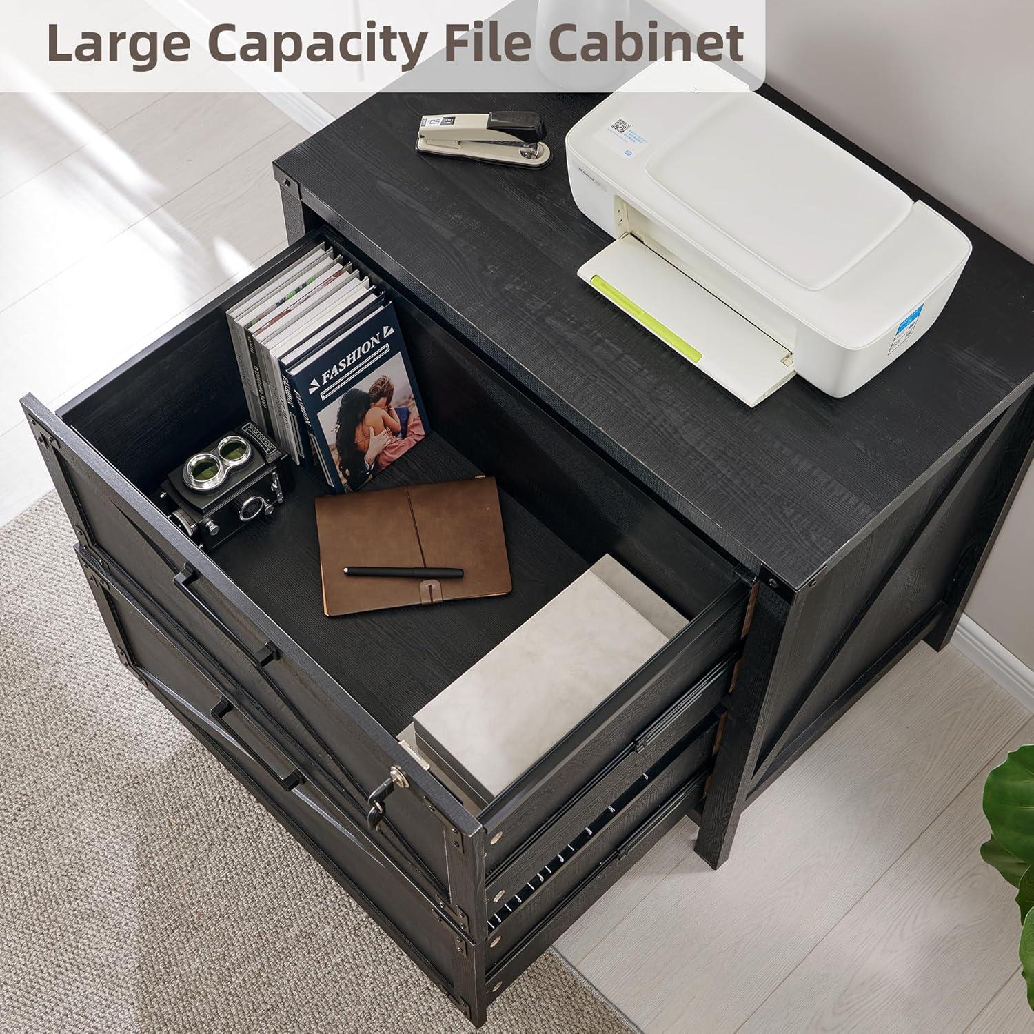 T4TREAM Farmhouse File Cabinet Lockable  Wood 2 Drawer Lateral  for Home Office, Black