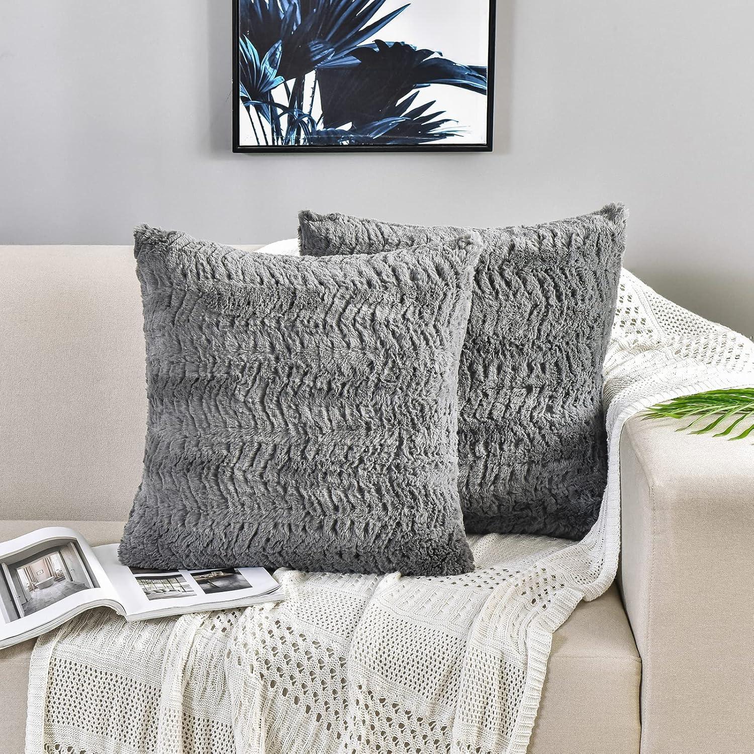 Gray Faux Fur 18x18 Euro Throw Pillow Covers, Set of 2