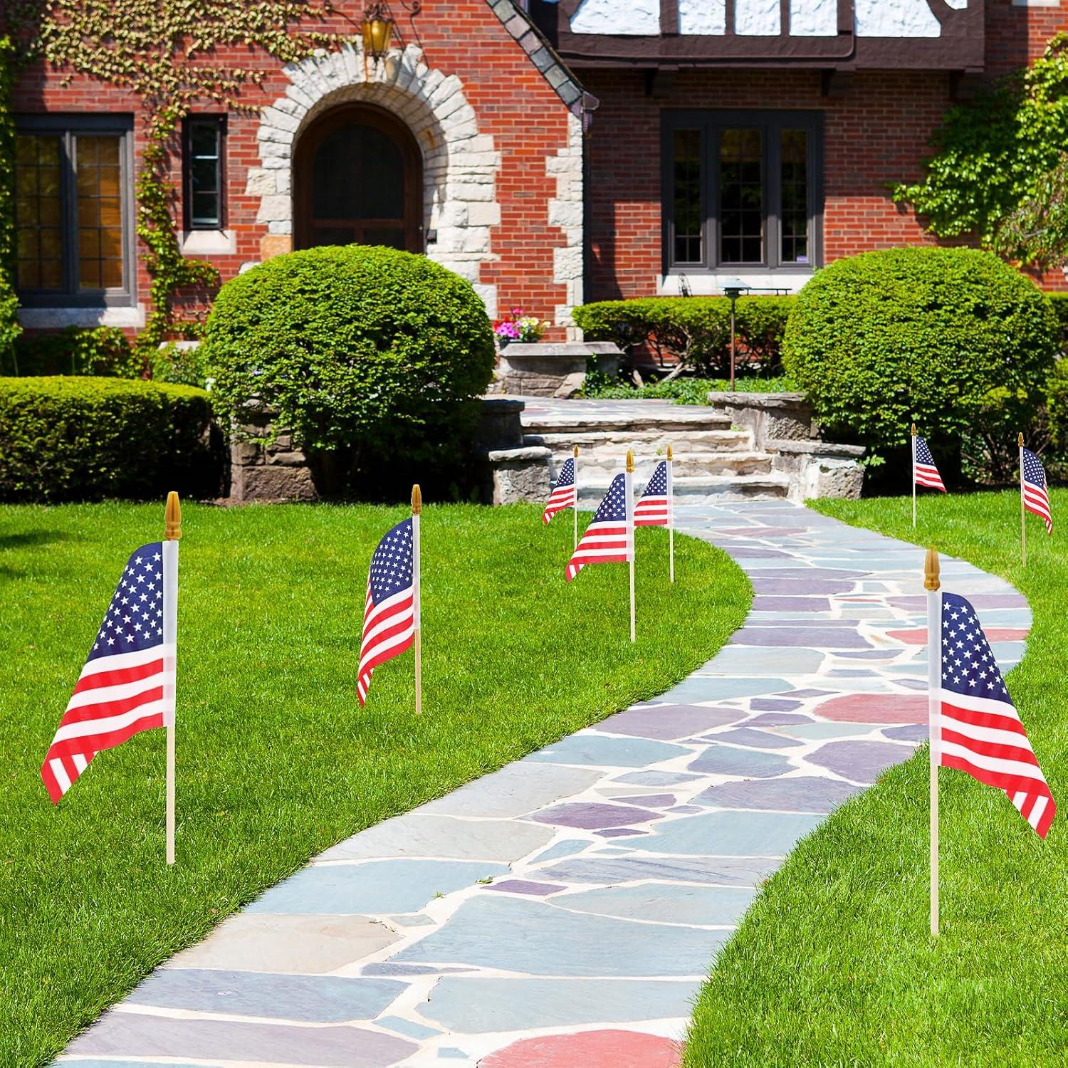 12 Pack Small American Flags Small US Flags/Mini American Flag on Stick 8x12 Inch US American Hand Held Stick Flags with Kid-Safe Spear Top, Polyester Full Color Tear-Resistant Flag