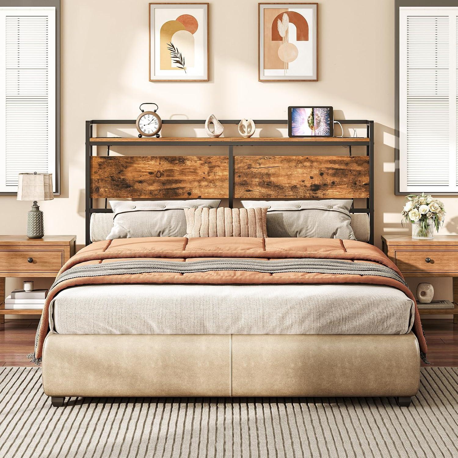 Full Size Headboard, Headboard with 2 Outlets, LED Lights and USB Ports, Adjustable Height, Storage Rack, Sturdy and Stable, Easy Assembly