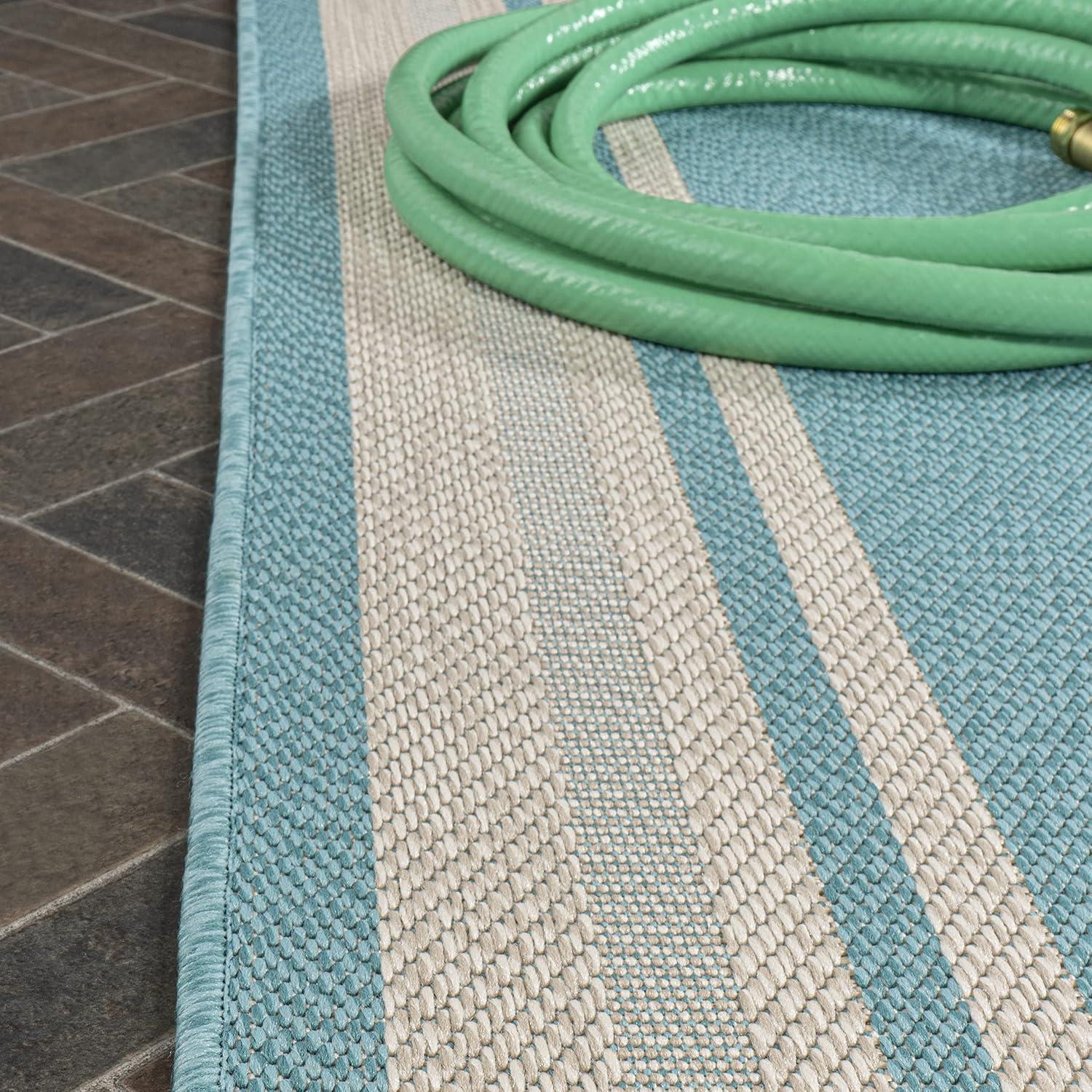 2' x 8' James Modern Border Stripe Indoor/Outdoor Runner Rug, Aqua/Beige - JONATHAN Y