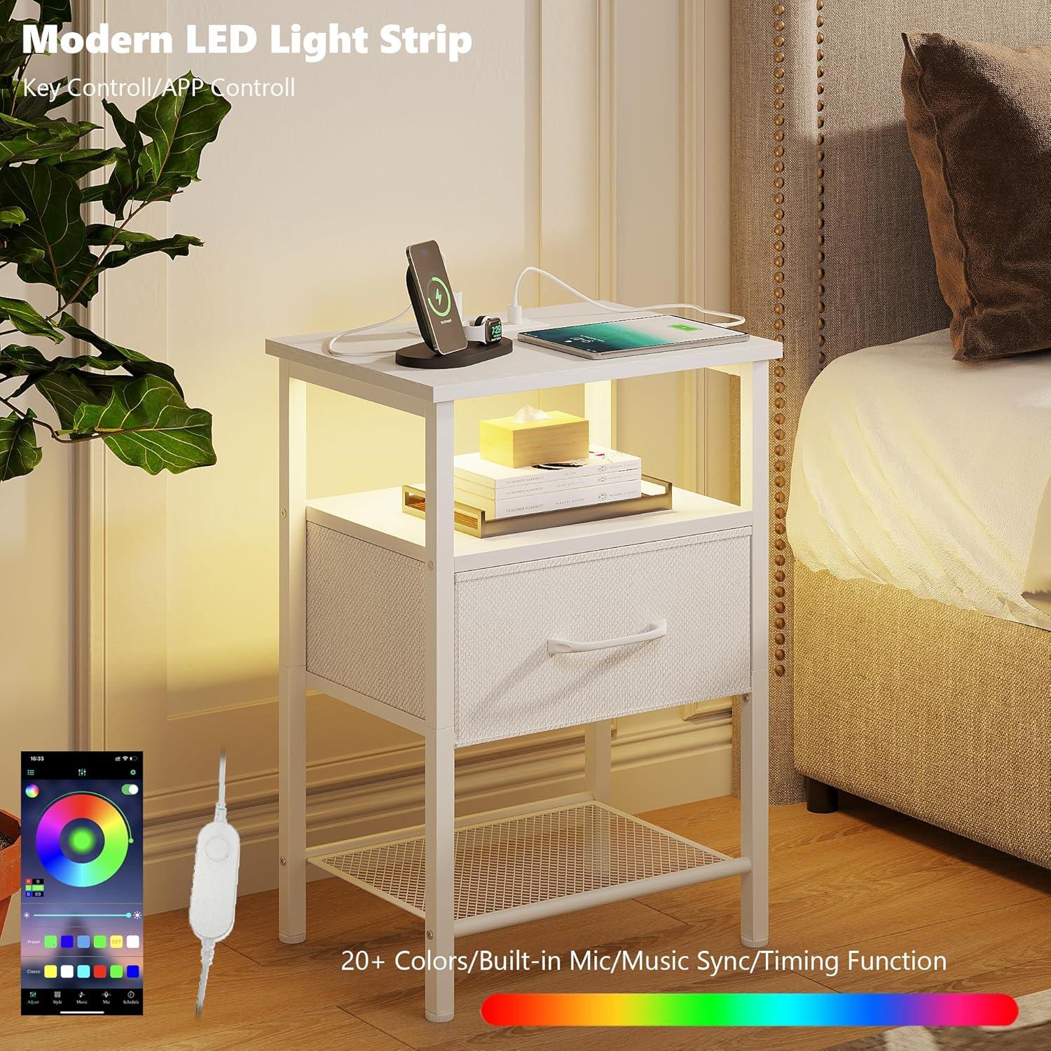 End Table with Charging Station, Narrow Side Table with 2 Fabric Drawers, Skinny Nightstand with LED Light, Slim Bedside Table for Bedroom, Living Room, Small Spaces, White