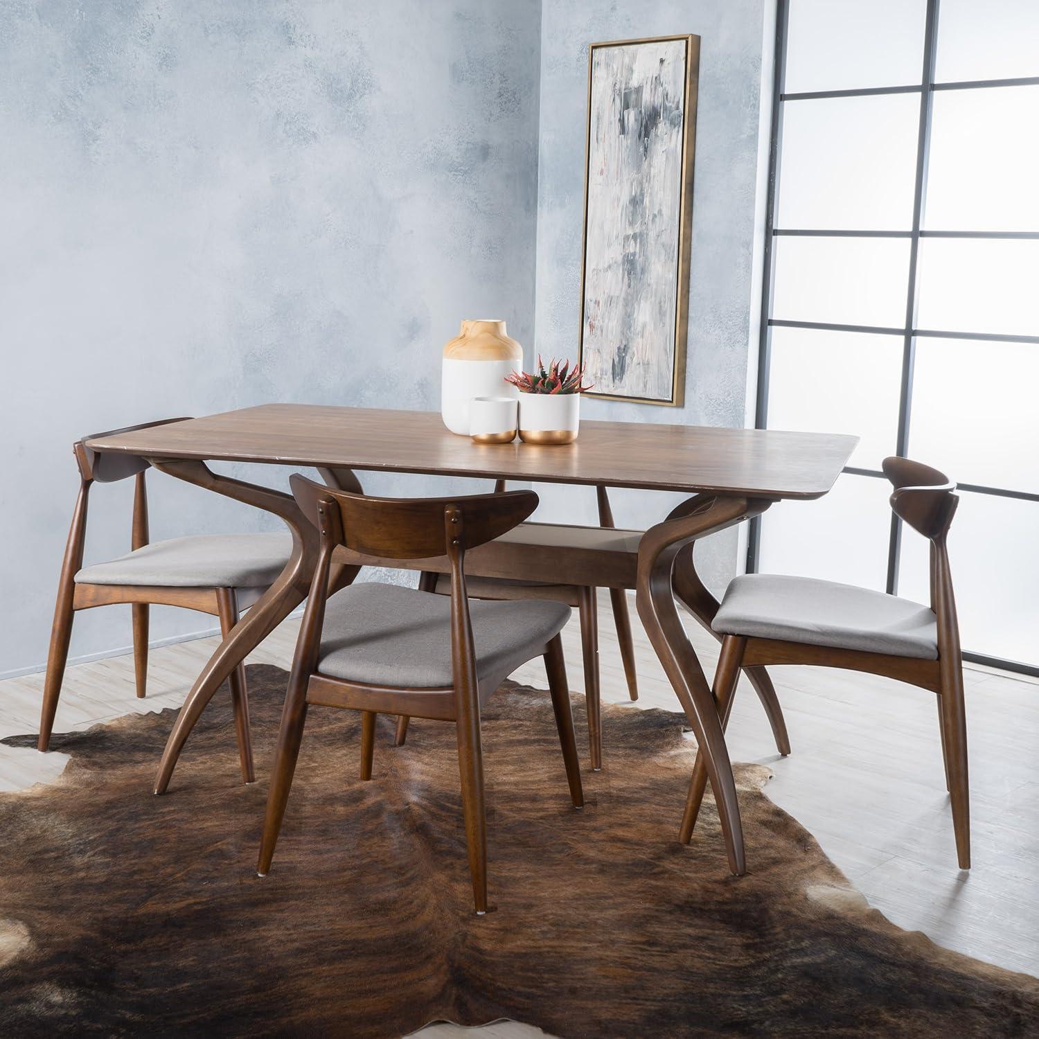 GDF Studio Wales Mid Century Modern Fabric Upholstered 5 Piece Dining Set, Light Gray and Walnut