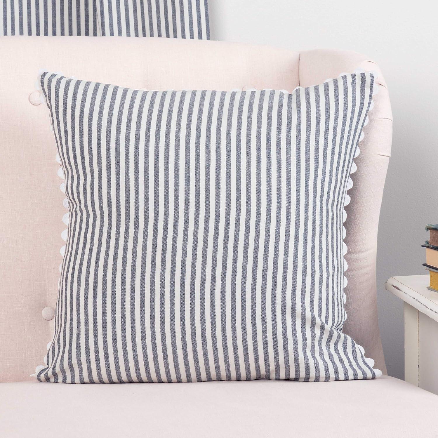 Farmhouse Ticking Stripe Blue Cotton 18" Pillow Cover