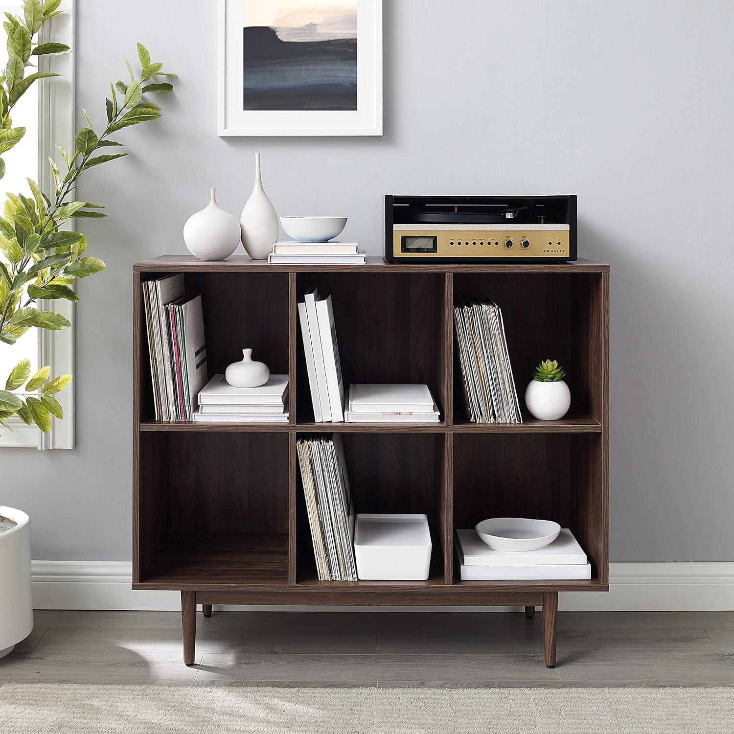 35.88" Liam 6 Cube Bookcase Walnut - Crosley: Mid-Century Design, Media Center-Compatible, Tapered Legs