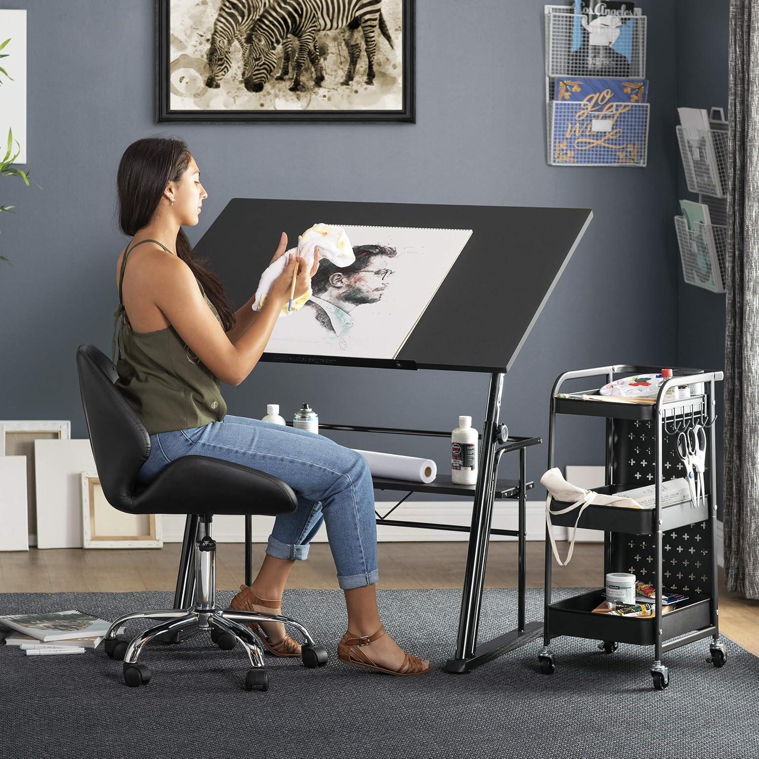 Contemporary Black Wood Adjustable Drafting Table with Storage