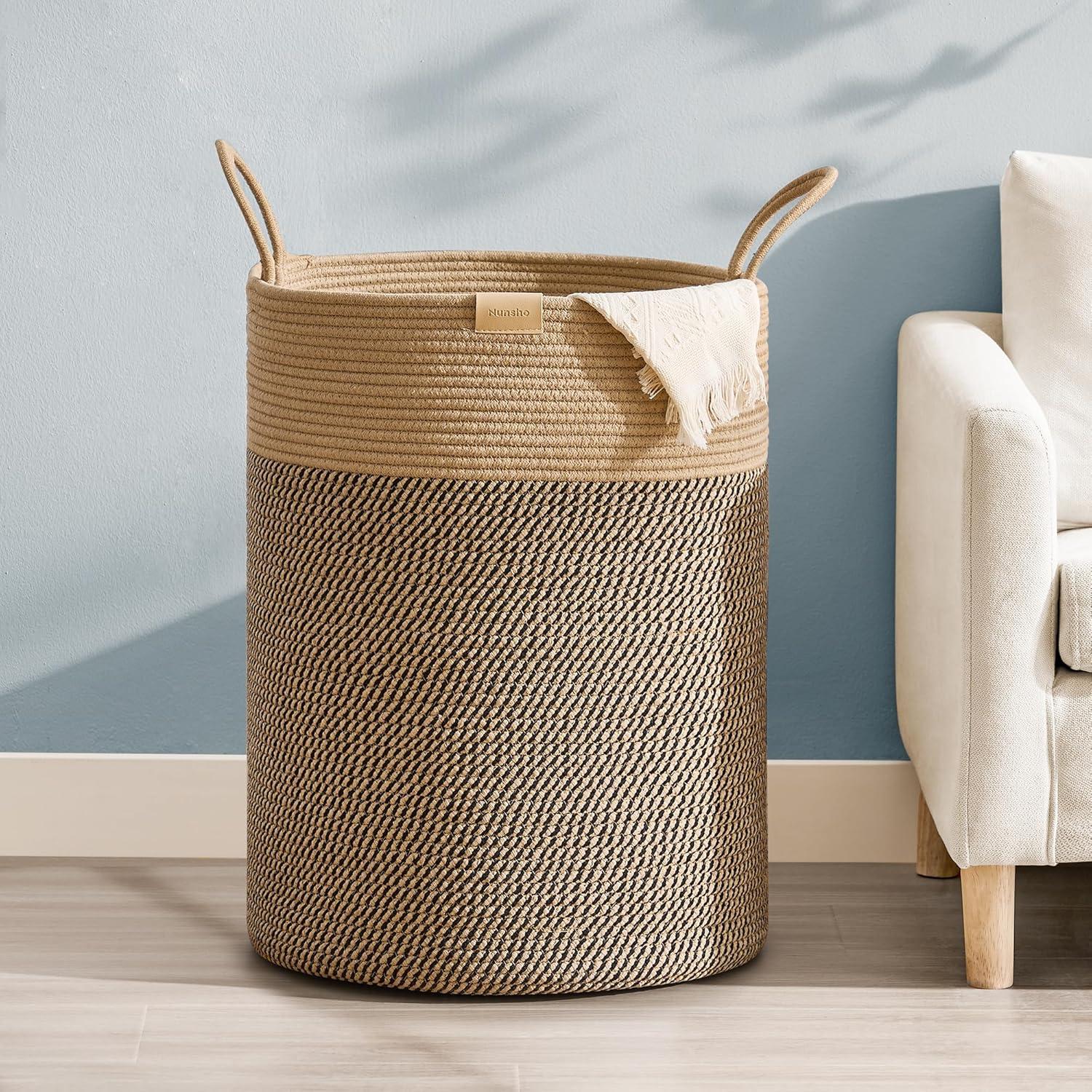 95L Beige and Dark Brown Woven Nursery Laundry Hamper