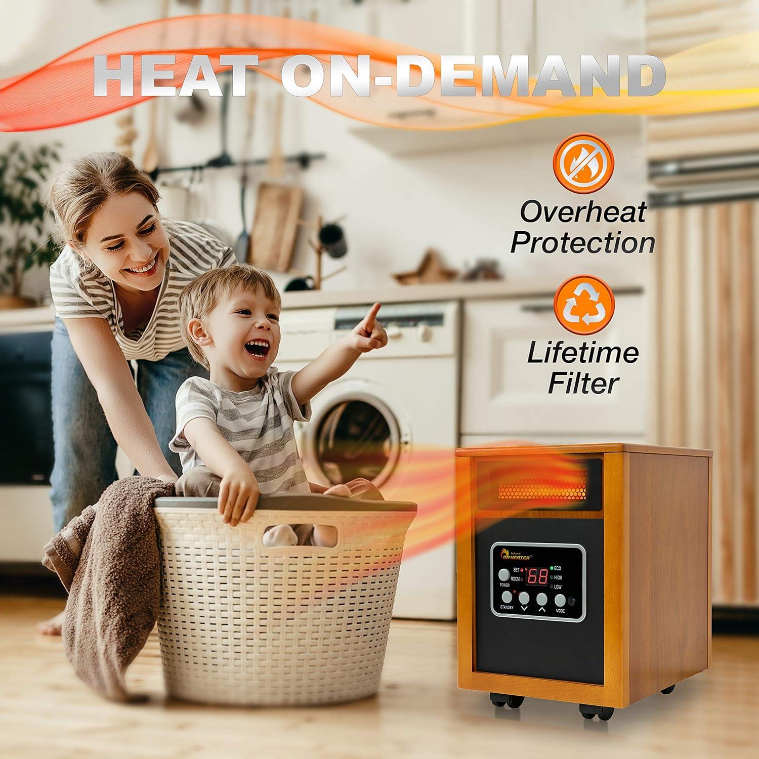 Dr. Infrared Heater 1500 Watt 5200 BTU Electric High Efficiency Cabinet Space Heater with Adjustable Thermostat , Remote Included and with Digital Display